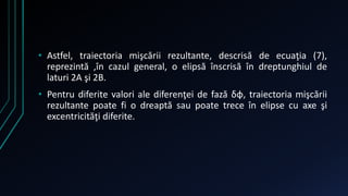 • Astfel, traiectoria mişcării rezultante, descrisă de ecuaţia (7), 
reprezintă ,în cazul general, o elipsă înscrisă în dreptunghiul de 
laturi 2A şi 2B. 
• Pentru diferite valori ale diferenţei de fază δφ, traiectoria mişcării 
rezultante poate fi o dreaptă sau poate trece în elipse cu axe şi 
excentricităţi diferite. 
 