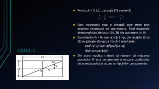 CAZUL 1: 
 Pentru, k = 0,1,2…, ecuaţia (7) devine(8): 
 Deci traiectoria este o dreaptă care trece prin 
originea sistemului de coordonate, fiind diagonala 
dreptunghiului de laturi 2A, 2B din cadranele I şi III. 
 Considerând k = 0, deci φ1=φ 2 =φ, din relaţiile (1) şi 
(2) se găseşte elongaţia mişcării rezultante: 
OM²=x²+y²=(A²+B²)sin²(ωt+φ) 
OM=sin(ωt+φ)(9) 
 Din acest rezultat trebuie să reţinem că mişcarea 
punctului M este de asemeni o mişcare oscilatorie, 
de aceeaşi pulsaţie cu cea a mişcărilor componente. 
 