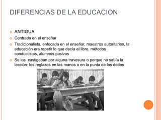 DIFERENCIAS DE LA EDUCACION
 ANTIGUA
 Centrada en el enseñar
 Tradicionalista, enfocada en el enseñar, maestros autoritarios, la
educación era repetir lo que decía el libro, métodos
conductistas, alumnos pasivos
 Se los castigaban por alguna travesura o porque no sabía la
lección: los reglazos en las manos o en la punta de los dedos
 