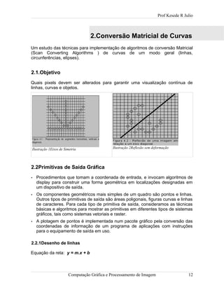 Prof Kesede R Julio
2.Conversão Matricial de Curvas
Um estudo das técnicas para implementação de algoritmos de conversão Matricial
(Scan Converting Algorithms ) de curvas de um modo geral (linhas,
circunferências, elipses).
2.1.Objetivo
Quais pixels devem ser alterados para garantir uma visualização contínua de
linhas, curvas e objetos.
2.2Primitivas de Saída Gráfica
• Procedimentos que tomam a coordenada de entrada, e invocam algoritmos de
display para construir uma forma geométrica em localizações designadas em
um dispositivo de saída.
• Os componentes geométricos mais simples de um quadro são pontos e linhas.
Outros tipos de primitivas de saída são áreas poligonais, figuras curvas e linhas
de caracteres. Para cada tipo de primitiva de saída, consideramos as técnicas
básicas e algoritmos para mostrar as primitivas em diferentes tipos de sistemas
gráficos, tais como sistemas vetoriais e raster.
• A plotagem de pontos é implementada num pacote gráfico pela conversão das
coordenadas de informação de um programa de aplicações com instruções
para o equipamento de saída em uso.
2.2.1Desenho de linhas
Equação da reta: y = m.x + b
Computação Gráfica e Processamento de Imagem 12
Ilustração 2Reflexão sem deformaçãoIlustração 1Eixos de Simetria
 