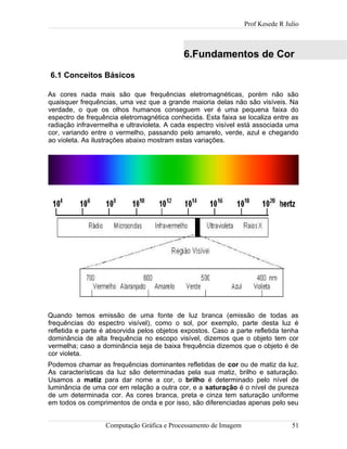 Prof Kesede R Julio
6.Fundamentos de Cor
6.1 Conceitos Básicos
As cores nada mais são que frequências eletromagnéticas, porém não são
quaisquer frequências, uma vez que a grande maioria delas não são visíveis. Na
verdade, o que os olhos humanos conseguem ver é uma pequena faixa do
espectro de frequência eletromagnética conhecida. Esta faixa se localiza entre as
radiação infravermelha e ultravioleta. A cada espectro visível está associada uma
cor, variando entre o vermelho, passando pelo amarelo, verde, azul e chegando
ao violeta. As ilustrações abaixo mostram estas variações.
Quando temos emissão de uma fonte de luz branca (emissão de todas as
frequências do espectro visível), como o sol, por exemplo, parte desta luz é
refletida e parte é absorvida pelos objetos expostos. Caso a parte refletida tenha
dominância de alta frequência no escopo visível, dizemos que o objeto tem cor
vermelha; caso a dominância seja de baixa frequência dizemos que o objeto é de
cor violeta.
Podemos chamar as frequências dominantes refletidas de cor ou de matiz da luz.
As características da luz são determinadas pela sua matiz, brilho e saturação.
Usamos a matiz para dar nome a cor, o brilho é determinado pelo nível de
luminância de uma cor em relação a outra cor, e a saturação é o nível de pureza
de um determinada cor. As cores branca, preta e cinza tem saturação uniforme
em todos os comprimentos de onda e por isso, são diferenciadas apenas pelo seu
Computação Gráfica e Processamento de Imagem 51
 