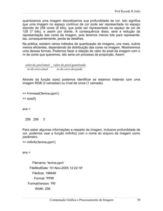 Prof Kesede R Julio
quantizamos uma imagem discretizamos sua profundidade de cor. Isto significa
que uma imagem no espaço contínuo de cor pode ser representada no espaço
discreto de 256 cores (8 bits), que pode ser representada no espaço de cor de
128 (7 bits), e assim por diante. A consequência disso, será a redução da
representação das cores da imagem, pois teremos menos bits para representá-
las, consequentemente, perda de detalhes.
Na prática, existem vários métodos de quantização de imagens, uns mais, outros
menos eficientes, dependendo da distribuição das cores na imagem. Mostraremos
uma dessas formas. Podemos fazer a relação do valor do pixel da imagem com o
nr de cores que queremos, isto seria um processo de proporção. Assim:
valordo pixelatual
nr decores atual
=
valor do pixel quantizado
nr decores desejada
Através da função size() podemos identificar se estamos tratando com uma
imagem RGB (3 camadas) ou nível de cinza (1 camada).
>> f=imread('lenina.ppm');
>> size(f)
ans =
256 256 3
Para saber algumas informações a respeito da imagem, inclusive profundidade de
cor, podemos usar a função imfinfo() com o nome do arquivo da imagem como
parâmetro.
>> imfinfo('lenina.ppm')
ans =
Filename: 'lenina.ppm'
FileModDate: '01-Nov-2005 12:22:16'
FileSize: 196646
Format: 'PPM'
FormatVersion: 'P6'
Width: 256
Computação Gráfica e Processamento de Imagem 58
 