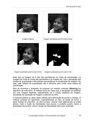 Prof Kesede R Julio
imagem Original Imagem quantizada para 64 cores (6 bits)
Imagem quantizada para 8 cores (3 bits) Imagem quantizada para 2 cores (1 bit)
Note que na imagem de 6 bits não percebemos os níveis de quantização, na
imagem de 3 bits os níveis são percebidos e na imagem de 1 bit a percepção das
bordas de quantização é tão grande que perdemos a visualização da imagem. Ou
seja, este método de quantização não é eficiente para níveis muito baixos de
quantização.
Afim de minimizar o problema, foi proposto um método chamado Dithering (ou
algoritmo de meio-tom). O método toma por base que a percepção de detalhes
em uma imagem depende, basicamente, de 3 coisas: distância da imagem,
densidade de resolução da imagem e abertura do olho.
A indústria gráfica se utiliza deste método para fabricação de jornais e revistas. O
método consiste em aglomerar, ordenadamente ou não, os pixels de forma a
gerar ilusões de meio-tom ao olho humano. Quanto mais aglomerado os pixels
pretos, maior a ilusão de intensidade mais escura, e portanto quanto menor a
densidade dos pontos, maior a ilusão de intensidade mais clara. Exemplo:
Computação Gráfica e Processamento de Imagem 60
 