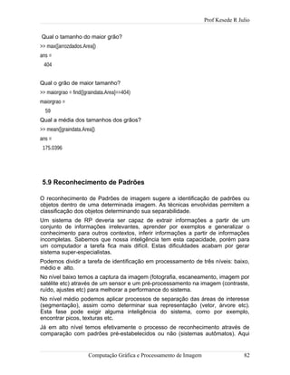 Prof Kesede R Julio
Qual o tamanho do maior grão?
>> max([arrozdados.Area])
ans =
404
Qual o grão de maior tamanho?
>> maiorgrao = find([graindata.Area]==404)
maiorgrao =
59
Qual a média dos tamanhos dos grãos?
>> mean([graindata.Area])
ans =
175.0396
5.9 Reconhecimento de Padrões
O reconhecimento de Padrões de imagem sugere a identificação de padrões ou
objetos dentro de uma determinada imagem. As técnicas envolvidas permitem a
classificação dos objetos determinando sua separabilidade.
Um sistema de RP deveria ser capaz de extrair informações a partir de um
conjunto de informações irrelevantes, aprender por exemplos e generalizar o
conhecimento para outros contextos, inferir informações a partir de informações
incompletas. Sabemos que nossa inteligência tem esta capacidade, porém para
um computador a tarefa fica mais difícil. Estas dificuldades acabam por gerar
sistema super-especialistas.
Podemos dividir a tarefa de identificação em processamento de três níveis: baixo,
médio e alto.
No nível baixo temos a captura da imagem (fotografia, escaneamento, imagem por
satélite etc) através de um sensor e um pré-processamento na imagem (contraste,
ruído, ajustes etc) para melhorar a performance do sistema.
No nível médio podemos aplicar processos de separação das áreas de interesse
(segmentação), assim como determinar sua representação (vetor, árvore etc).
Esta fase pode exigir alguma inteligência do sistema, como por exemplo,
encontrar picos, texturas etc.
Já em alto nível temos efetivamente o processo de reconhecimento através de
comparação com padrões pré-estabelecidos ou não (sistemas autômatos). Aqui
Computação Gráfica e Processamento de Imagem 82
 