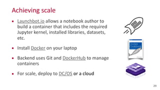 Achieving	
  scale
▪ Launchbot.io	
  allows	
  a	
  notebook	
  author	
  to	
  
build	
  a	
  container	
  that	
  includes	
  the	
  required	
  
Jupyter	
  kernel,	
  installed	
  libraries,	
  datasets,	
  
etc.	
  
▪ Install	
  Docker	
  on	
  your	
  laptop	
  
▪ Backend	
  uses	
  Git	
  and	
  DockerHub	
  to	
  manage	
  
containers	
  
▪ For	
  scale,	
  deploy	
  to	
  DC/OS	
  or	
  a	
  cloud
29
 