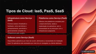 Tipos de Cloud: IaaS, PaaS, SaaS
Infraestrutura como Serviço
(IaaS)
Fornece acesso virtualizado a
hardware, como servidores e
armazenamento, permitindo o
gerenciamento completo da
infraestrutura pelo usuário.
Plataforma como Serviço (PaaS)
Oferece uma plataforma completa para
o desenvolvimento, testes e
implantação de aplicativos, sem a
necessidade de se preocupar com a
infraestrutura subjacente.
Software como Serviço (SaaS)
Disponibiliza aplicativos por meio da nuvem, eliminando a necessidade de instalação
local. Os aplicativos são acessados por meio de um navegador ou cliente dedicado.
 