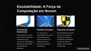 Escalabilidade: A Força da
Computação em Nuvem
Crescimento
Exponencial
A computação em nuvem
permite que as empresas
dimensionem seus
recursos de forma rápida e
eficiente para atender ao
crescimento das
demandas.
Redução de Custos
Ao usar recursos
compartilhados na nuvem,
as empresas podem
reduzir os gastos com
infraestrutura física,
licenças de software e
manutenção.
Segurança Avançada
Os provedores de serviços
em nuvem investem em
medidas de segurança
atualizadas e sofisticadas,
protegendo melhor os
dados e as informações
confidenciais.
 