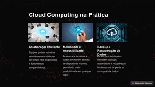 Cloud Computing na Prática
Colaboração Eficiente
Equipes podem trabalhar
remotamente e colaborar
em tempo real em projetos
e documentos
compartilhados.
Mobilidade e
Acessibilidade
Acesso aos recursos e
dados em nuvem através
de dispositivos móveis,
permitindo maior
produtividade em qualquer
lugar.
Backup e
Recuperação de
Dados
Os serviços em nuvem
oferecem backups
automáticos e recuperação
fácil em caso de perda ou
corrupção de dados.
 