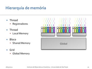     Thread
      Registradores

    Thread
      Local Memory

    Bloco
      Shared Memory

    Grid
      Global Memory




16/05/2012         Instituto de Matemática e Estatística - Universidade de São Paulo   20
 