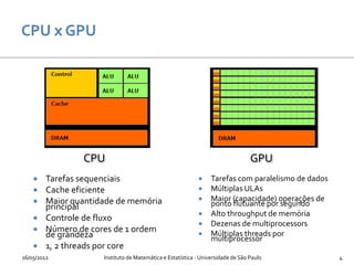 CPU                                                             GPU
     Tarefas sequenciais                                     Tarefas com paralelismo de dados
     Cache eficiente                                         Múltiplas ULAs
     Maior quantidade de memória                             Maior (capacidade) operações de
      principal                                                ponto flutuante por segundo
                                                              Alto throughput de memória
     Controle de fluxo
                                                              Dezenas de multiprocessors
     Número de cores de 1 ordem
      de grandeza                                             Múltiplas threads por
                                                               multiprocessor
     1, 2 threads por core
16/05/2012         Instituto de Matemática e Estatística - Universidade de São Paulo              4
 
