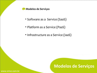 Modelos de Serviços Modelos de Serviços <ul><li>Software as a  Service (SaaS) </li></ul><ul><li>Platform as a Service (Paa...