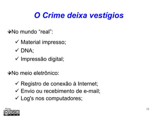 O Crime deixa vestígios
     No mundo “real”:
          Material impresso;
          DNA;
          Impressão digital;

     No meio eletrônico:
          Registro de conexão à Internet;
          Envio ou recebimento de e-mail;
          Log's nos computadores;
Roney                                        12
Médice
 