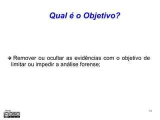 Qual é o Objetivo?




       Remover ou ocultar as evidências com o objetivo de
     limitar ou impedir a análise forense;




Roney                                                   31
Médice
 