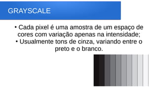 GRAYSCALE
●
Cada pixel é uma amostra de um espaço de
cores com variação apenas na intensidade;
●
Usualmente tons de cinza, variando entre o
preto e o branco.
 