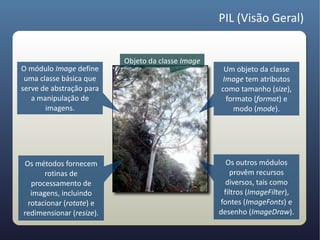 PIL (Visão Geral)


                          Objeto da classe Image
O módulo Image define                               Um objeto da classe
 uma classe básica que                              Image tem atributos
serve de abstração para                            como tamanho (size),
   a manipulação de                                  formato (format) e
       imagens.                                        modo (mode).




Os métodos fornecem                                  Os outros módulos
      rotinas de                                      provêm recursos
  processamento de                                   diversos, tais como
  imagens, incluindo                                filtros (ImageFilter),
 rotacionar (rotate) e                             fontes (ImageFonts) e
redimensionar (resize).                            desenho (ImageDraw).
 