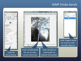 GIMP (Visão Geral)




                                                           Cada imagem pode
                                                            ter uma ou mais
                                                            camadas (layers).

               Cada camada pode       Cada camada ou
  Caixa de       ter um ou mais        canal pode ser
Ferramentas.    canais (channels).   editado (drawable).
 
