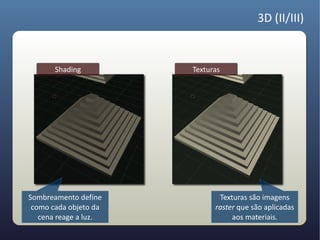 3D (II/III)


       Shading         Texturas




Sombreamento define           Texturas são imagens
 como cada objeto da         raster que são aplicadas
   cena reage a luz.              aos materiais.
 