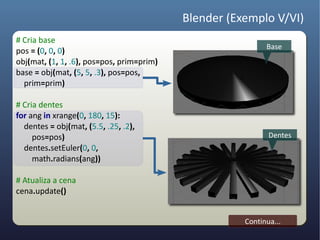 Blender (Exemplo V/VI)
# Cria base
                                                            Base
pos = (0, 0, 0)
obj(mat, (1, 1, .6), pos=pos, prim=prim)
base = obj(mat, (5, 5, .3), pos=pos,
  prim=prim)

# Cria dentes
for ang in xrange(0, 180, 15):
  dentes = obj(mat, (5.5, .25, .2),
     pos=pos)                                                Dentes
  dentes.setEuler(0, 0,
     math.radians(ang))

# Atualiza a cena
cena.update()


                                                      Continua...
 