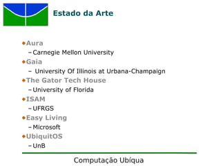 Estado da Arte



Aura
– Carnegie Mellon University
Gaia
– University Of Illinois at Urbana-Champaign
The Gator Tech House
– University of Florida
ISAM
– UFRGS
Easy Living
– Microsoft
UbiquitOS
– UnB
 