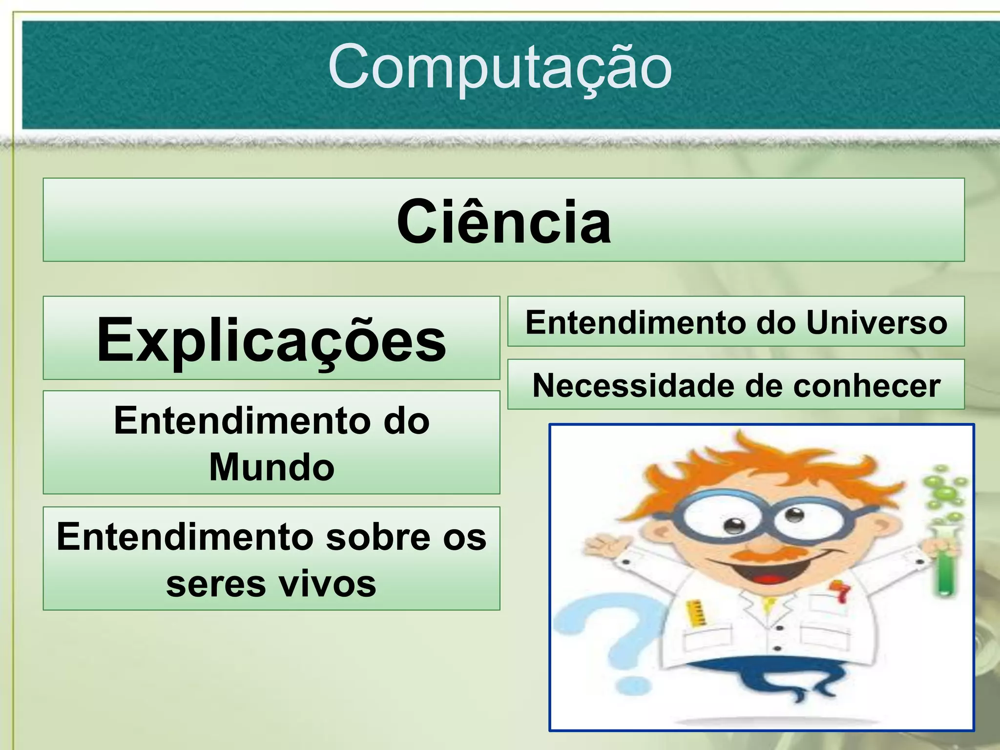 Computação

                Ciência
                        Entendimento do Universo
 Explicações
                        Necessidade de conhecer
  Entendimento do
      Mundo
Entendimento sobre os
     seres vivos
 