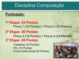 Disciplina Computação
Pontuação:

1ª Etapa: 25 Pontos
    Prova 1 (10 Pontos) + Prova 2 (15 Pontos)
2ª Etapa: 30 Pontos
    Prova 3 (15 Pontos) + Prova 4 (15 Pontos)
3ª Etapa: 45 Pontos
    Trabalhos (10 Pontos)
    PIC (15 Pontos)
    Prova Institucional (20 Pontos)
 