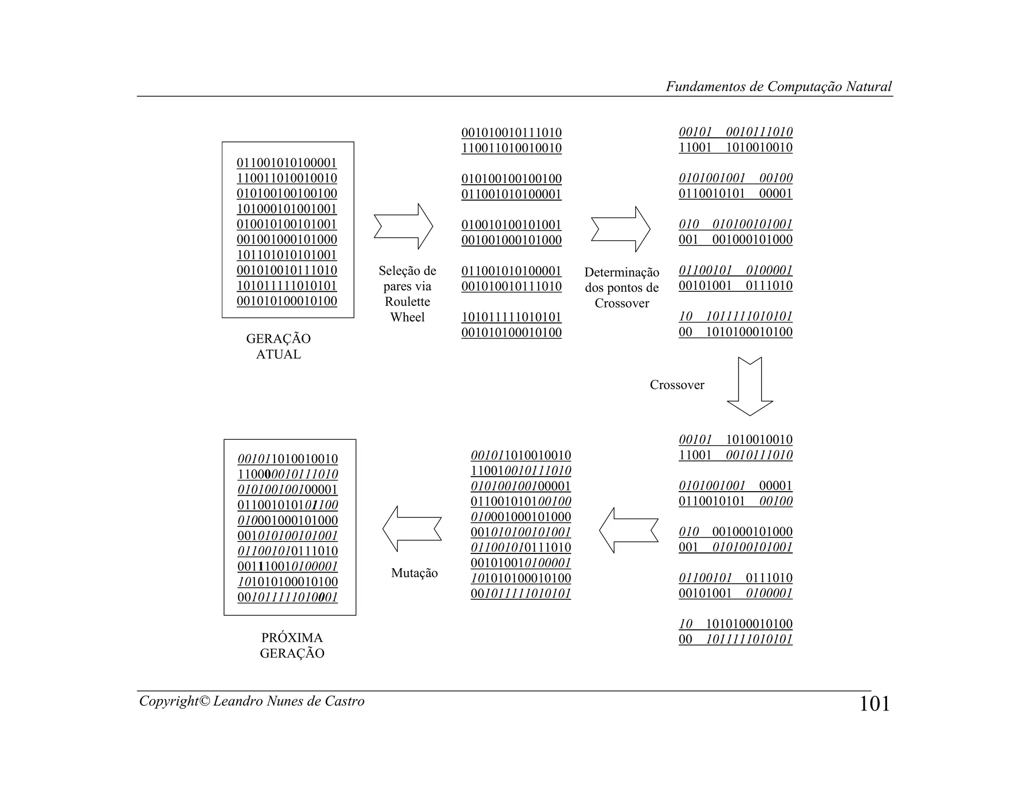 Fundamentos de Computação Natural


                                                  001010010111010                     00101     0010111010
                                                  110011010010010                     11001     1010010010
              011001010100001
              110011010010010                     010100100100100                     0101001001    00100
              010100100100100                     011001010100001                     0110010101    00001
              101000101001001
              010010100101001                     010010100101001                     010     010100101001
              001001000101000                     001001000101000                     001     001000101000
              101101010101001
              001010010111010        Seleção de   011001010100001    Determinação     01100101     0100001
              101011111010101         pares via   001010010111010    dos pontos de    00101001     0111010
              001010100010100         Roulette                        Crossover
                                       Wheel      101011111010101                     10 1011111010101
                                                  001010100010100                     00 1010100010100
                GERAÇÃO
                 ATUAL

                                                                                Crossover



                                                                                      00101     1010010010
              001011010010010                      001011010010010                    11001     0010111010
              110000010111010                      110010010111010
              010100100100001                      010100100100001                    0101001001    00001
              011001010101100                      011001010100100                    0110010101    00100
              010001000101000                      010001000101000
              001010100101001                      001010100101001                    010     001000101000
              011001010111010                      011001010111010                    001     010100101001
              001110010100001                      001010010100001
                                       Mutação     101010100010100                    01100101     0111010
              101010100010100
              001011111010001                      001011111010101                    00101001     0100001

                                                                                      10 1010100010100
                  PRÓXIMA                                                             00 1011111010101
                  GERAÇÃO


Copyright© Leandro Nunes de Castro                                                                               101
 