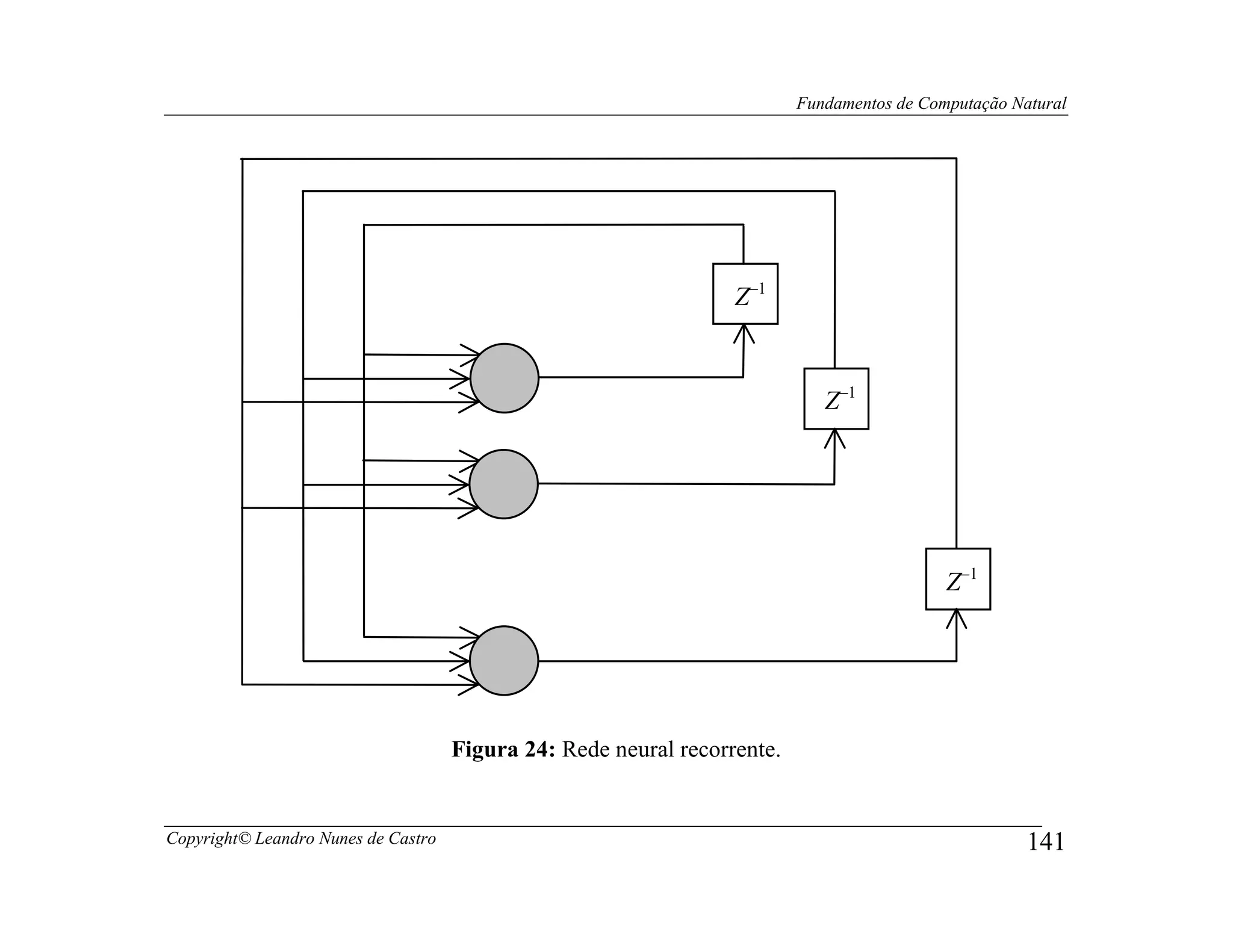 Fundamentos de Computação Natural




                                                                  Z−1


                                                                             Z−1




                                                                                            Z−1




                                     Figura 24: Rede neural recorrente.


Copyright© Leandro Nunes de Castro                                                                    141
 