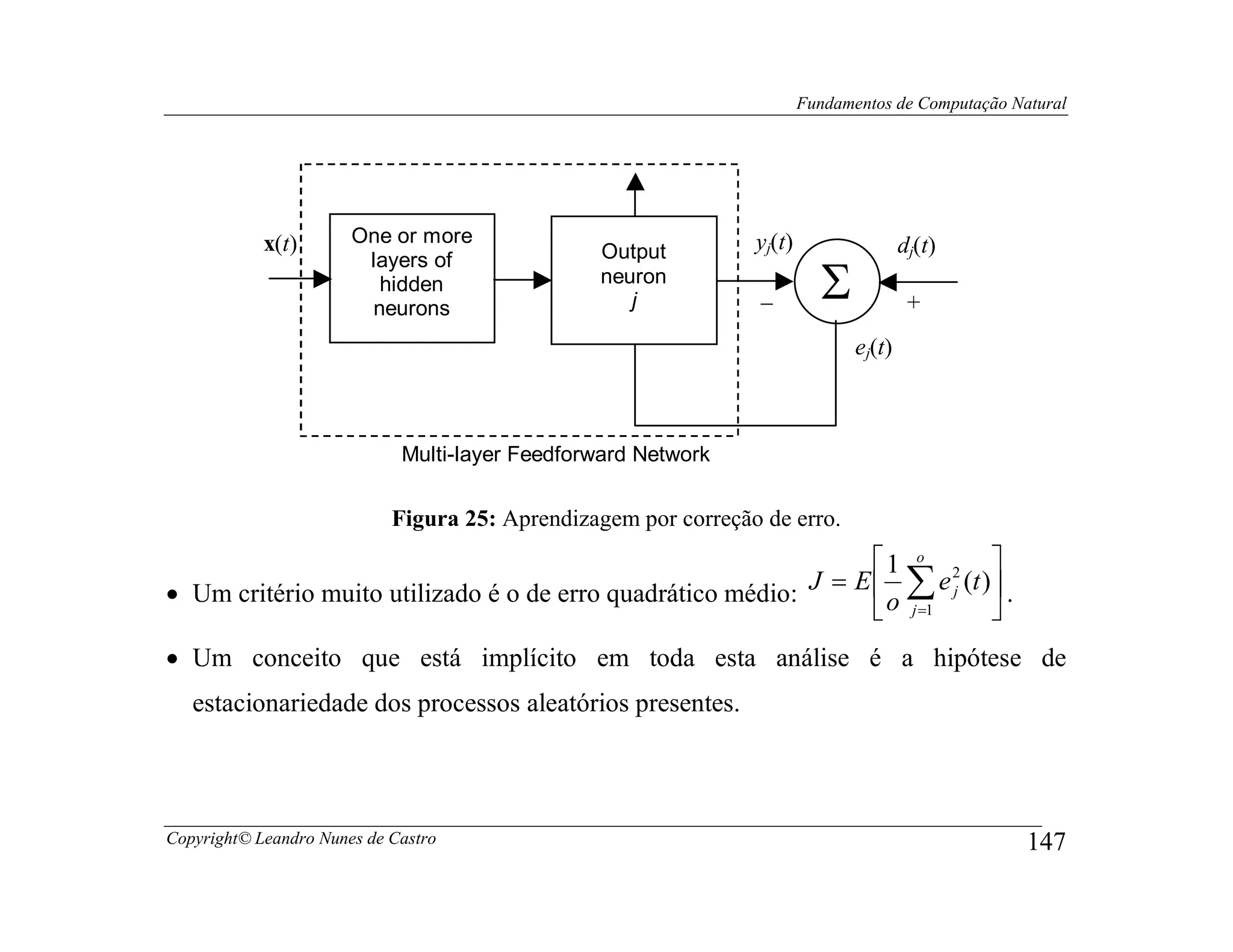 Fundamentos de Computação Natural




            x(t)       One or more                              yj(t)                  dj(t)
                                                Output
                                                                          Σ
                        layers of
                         hidden                 neuron
                        neurons                    j            −                       +
                                                                               ej(t)



                             Multi-layer Feedforward Network


                            Figura 25: Aprendizagem por correção de erro.
                                                                  1 o 2 
• Um critério muito utilizado é o de erro quadrático médio: J = E  o ∑ e j (t ) .
                                                                   j =1        
• Um conceito que está implícito em toda esta análise é a hipótese de
   estacionariedade dos processos aleatórios presentes.




Copyright© Leandro Nunes de Castro                                                                  147
 