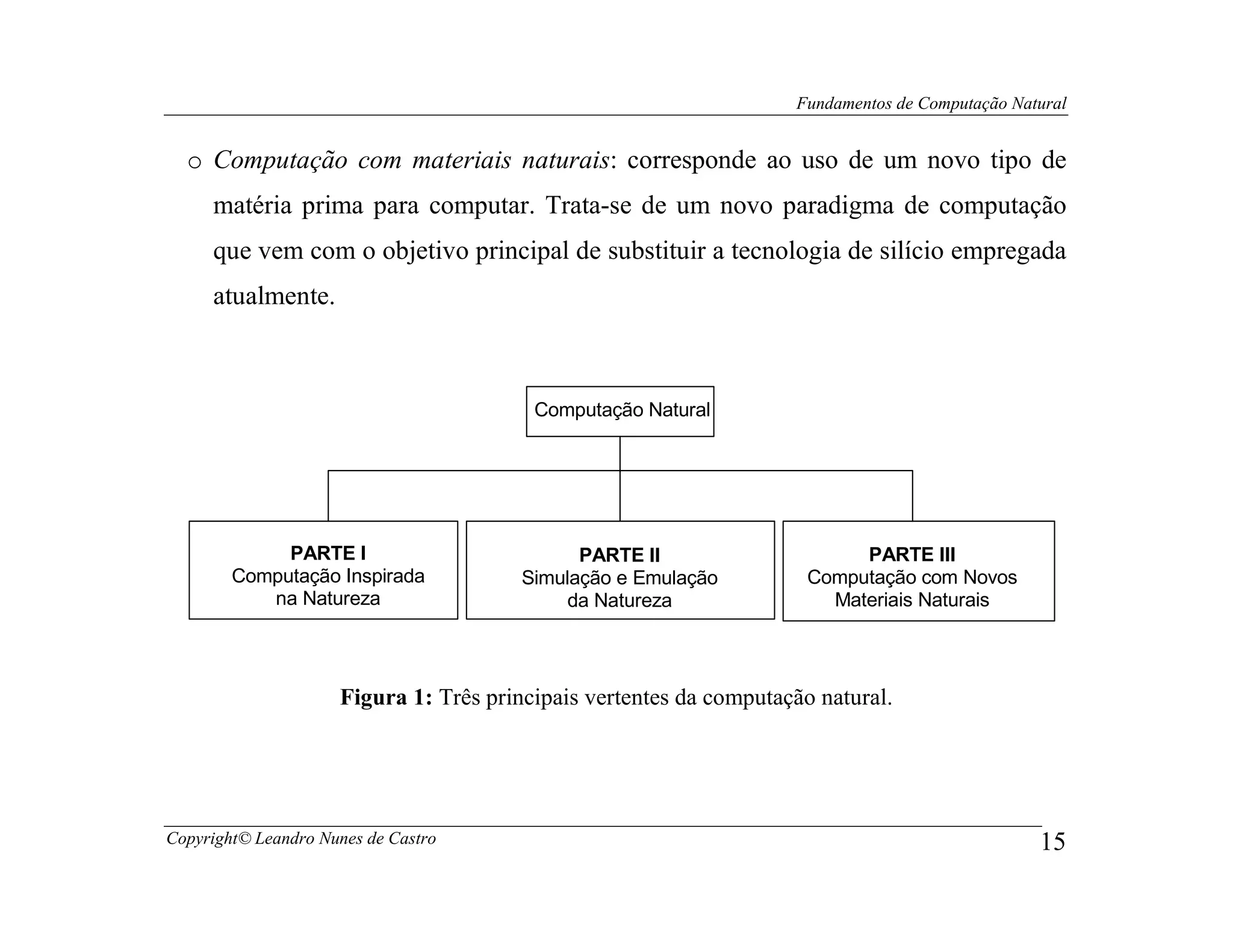 Fundamentos de Computação Natural


  o Computação com materiais naturais: corresponde ao uso de um novo tipo de
     matéria prima para computar. Trata-se de um novo paradigma de computação
     que vem com o objetivo principal de substituir a tecnologia de silício empregada
     atualmente.



                                         Computação Natural




             PARTE I                          PARTE II                     PARTE III
        Computação Inspirada            Simulação e Emulação          Computação com Novos
           na Natureza                       da Natureza                Materiais Naturais




                     Figura 1: Três principais vertentes da computação natural.




Copyright© Leandro Nunes de Castro                                                               15
 