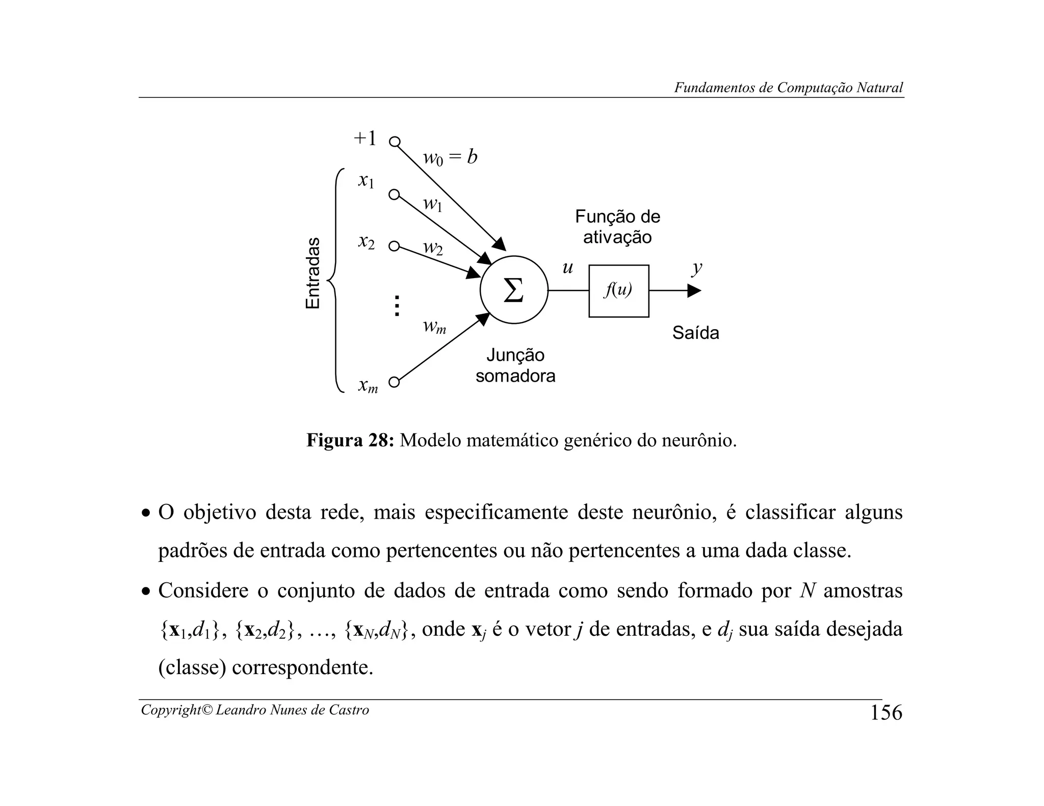 Fundamentos de Computação Natural


                                   +1
                                            w0 = b
                                   x1
                                            w1
                                                                Função de
                                   x2                            ativação



                        Entradas
                                            w2
                                                            u                 y
                                                     Σ             f(u)




                                        …
                                            wm                              Saída
                                                  Junção
                                   xm            somadora


                        Figura 28: Modelo matemático genérico do neurônio.


• O objetivo desta rede, mais especificamente deste neurônio, é classificar alguns
  padrões de entrada como pertencentes ou não pertencentes a uma dada classe.
• Considere o conjunto de dados de entrada como sendo formado por N amostras
  {x1,d1}, {x2,d2}, …, {xN,dN}, onde xj é o vetor j de entradas, e dj sua saída desejada
  (classe) correspondente.
Copyright© Leandro Nunes de Castro                                                                      156
 