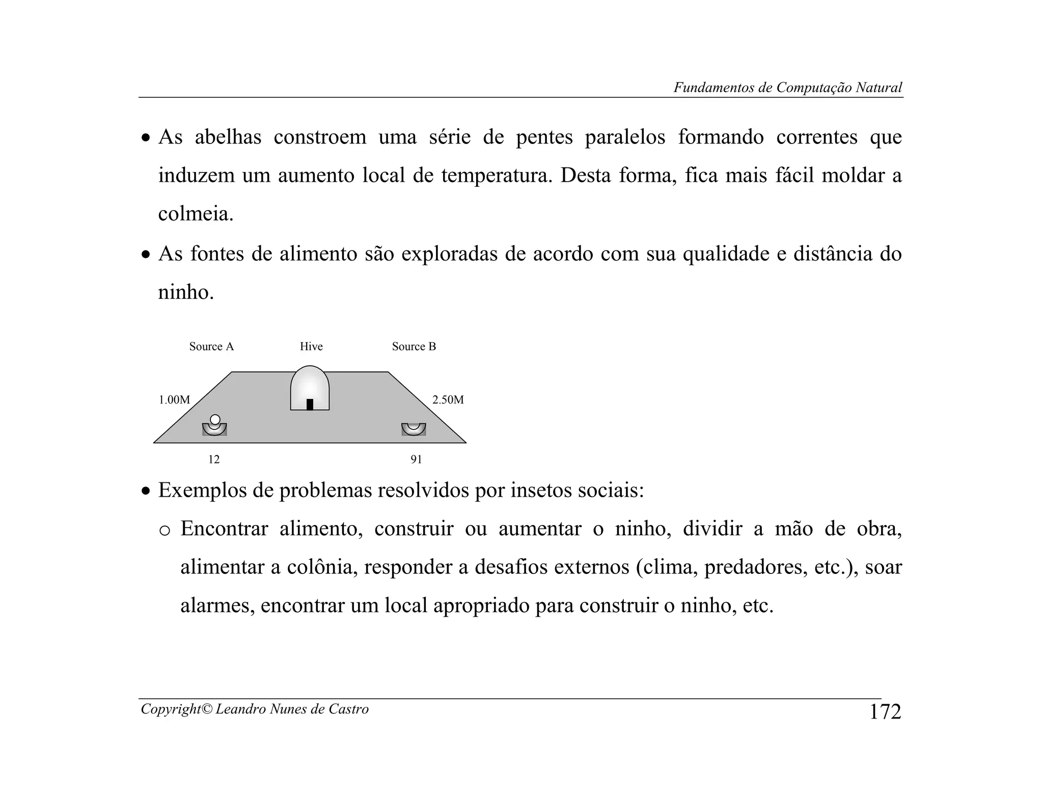 Fundamentos de Computação Natural


• As abelhas constroem uma série de pentes paralelos formando correntes que
  induzem um aumento local de temperatura. Desta forma, fica mais fácil moldar a
  colmeia.
• As fontes de alimento são exploradas de acordo com sua qualidade e distância do
  ninho.

       Source A        Hive          Source B



  1.00M                                      2.50M




          12                            91

• Exemplos de problemas resolvidos por insetos sociais:
  o Encontrar alimento, construir ou aumentar o ninho, dividir a mão de obra,
     alimentar a colônia, responder a desafios externos (clima, predadores, etc.), soar
     alarmes, encontrar um local apropriado para construir o ninho, etc.



Copyright© Leandro Nunes de Castro                                                       172
 