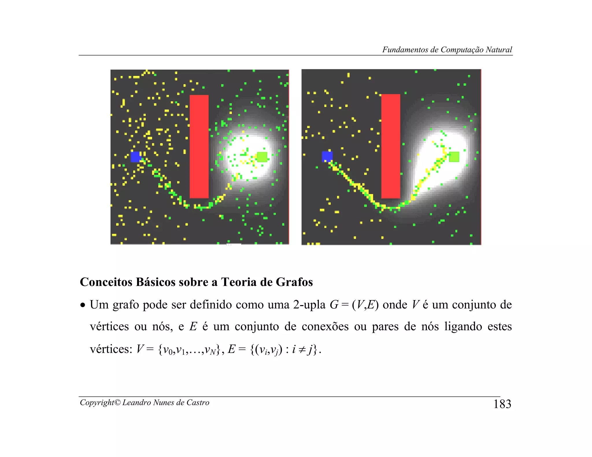 Fundamentos de Computação Natural




Conceitos Básicos sobre a Teoria de Grafos
• Um grafo pode ser definido como uma 2-upla G = (V,E) onde V é um conjunto de
  vértices ou nós, e E é um conjunto de conexões ou pares de nós ligando estes
  vértices: V = {v0,v1,…,vN}, E = {(vi,vj) : i ≠ j}.



Copyright© Leandro Nunes de Castro                                                 183
 