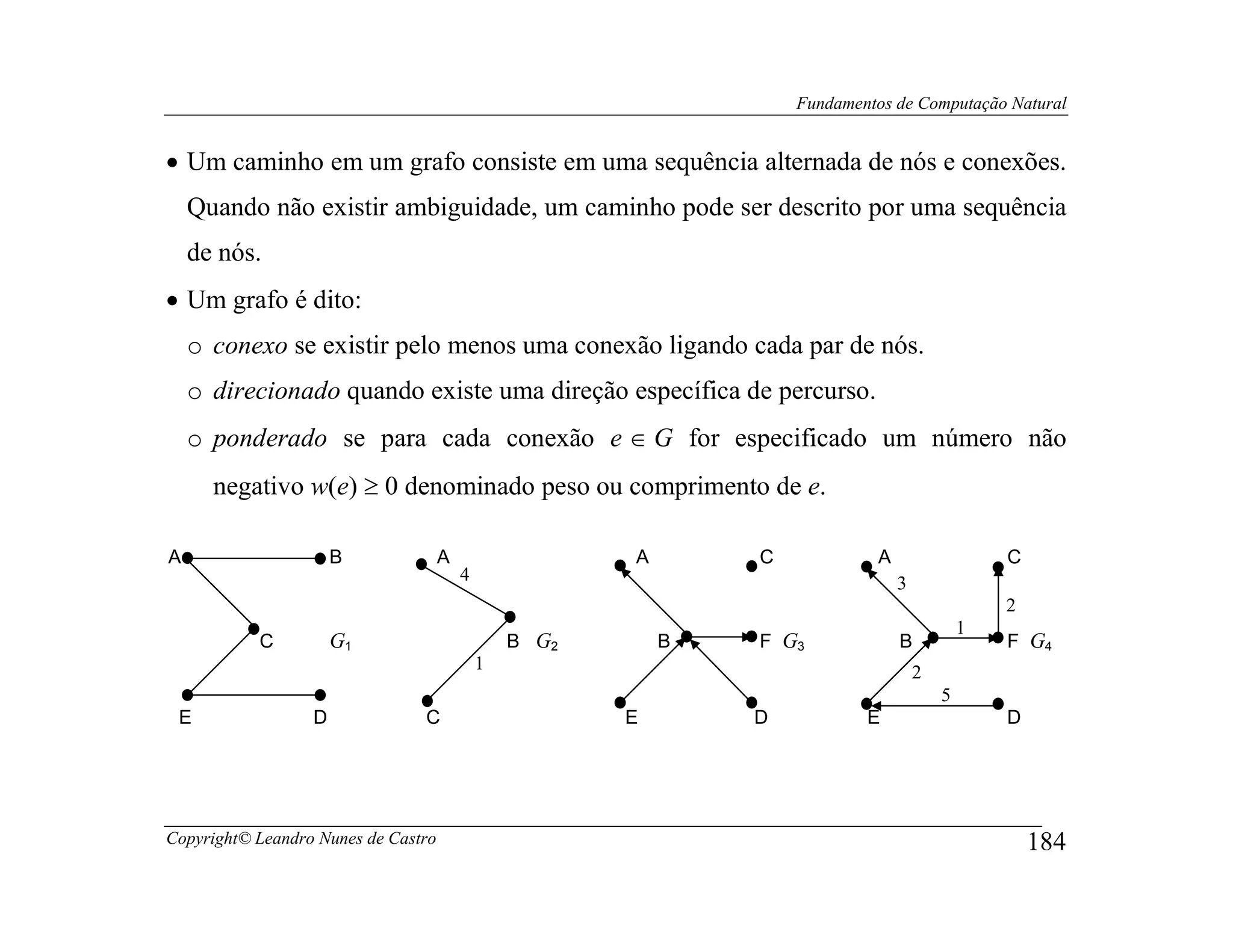 Fundamentos de Computação Natural


• Um caminho em um grafo consiste em uma sequência alternada de nós e conexões.
    Quando não existir ambiguidade, um caminho pode ser descrito por uma sequência
    de nós.
• Um grafo é dito:
    o conexo se existir pelo menos uma conexão ligando cada par de nós.
    o direcionado quando existe uma direção específica de percurso.
    o ponderado se para cada conexão e ∈ G for especificado um número não
      negativo w(e) ≥ 0 denominado peso ou comprimento de e.

A                     B              A                  A       C            A                   C
                                         4                                       3
                                                                                                 2
                                                                                             1
           C          G1                         B G2       B   F G3             B               F G4
                                             1                                       2
                                                                                         5
 E                D             C                       E       D           E                    D




Copyright© Leandro Nunes de Castro                                                                   184
 