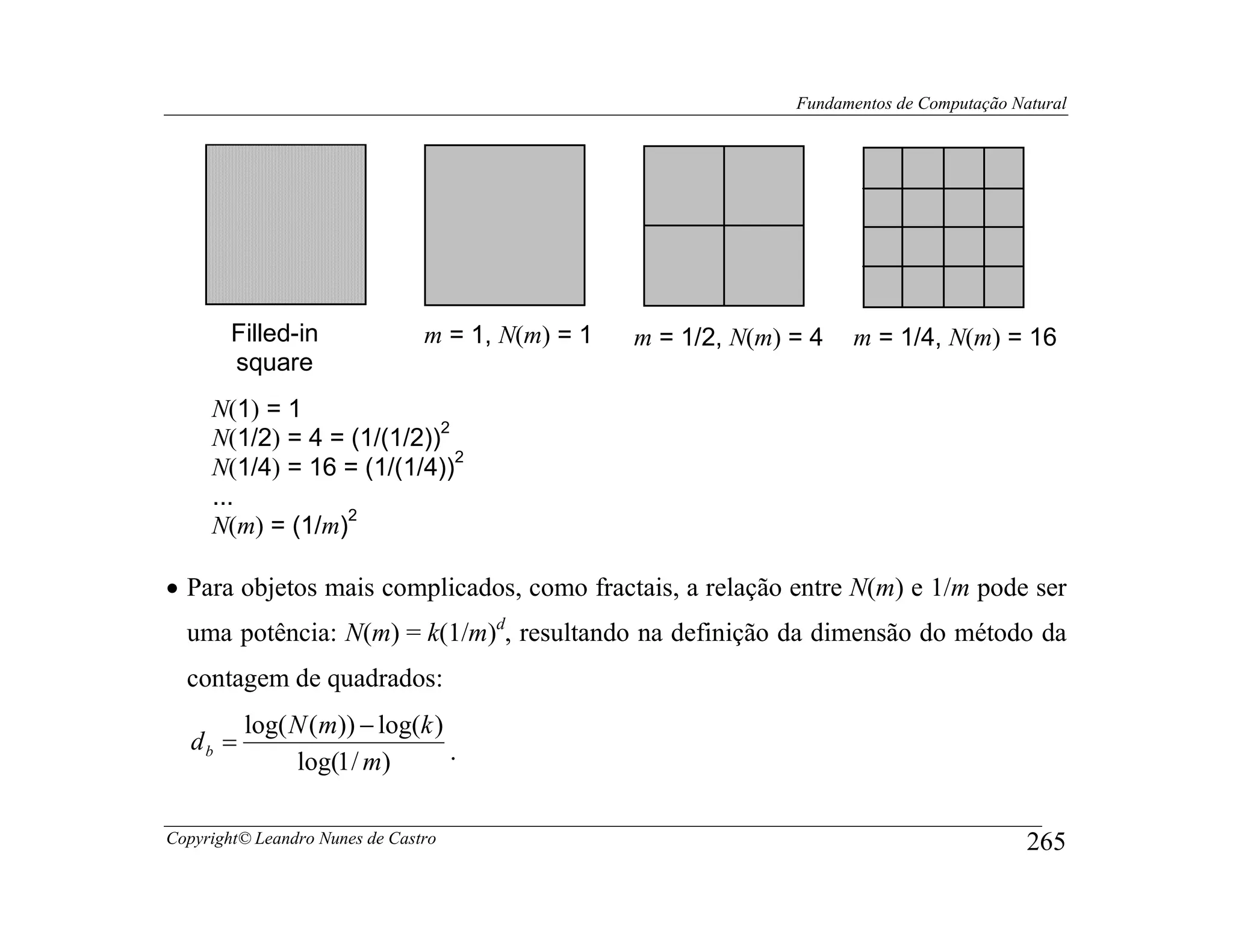 Fundamentos de Computação Natural




        Filled-in               m = 1, N(m) = 1   m = 1/2, N(m) = 4   m = 1/4, N(m) = 16
        square
     N(1) = 1
                           2
     N(1/2) = 4 = (1/(1/2))
                             2
     N(1/4) = 16 = (1/(1/4))
     ...
                  2
     N(m) = (1/m)

• Para objetos mais complicados, como fractais, a relação entre N(m) e 1/m pode ser
  uma potência: N(m) = k(1/m)d, resultando na definição da dimensão do método da
  contagem de quadrados:
          log( N (m)) − log(k )
   db =                         .
               log(1 / m)

Copyright© Leandro Nunes de Castro                                                          265
 