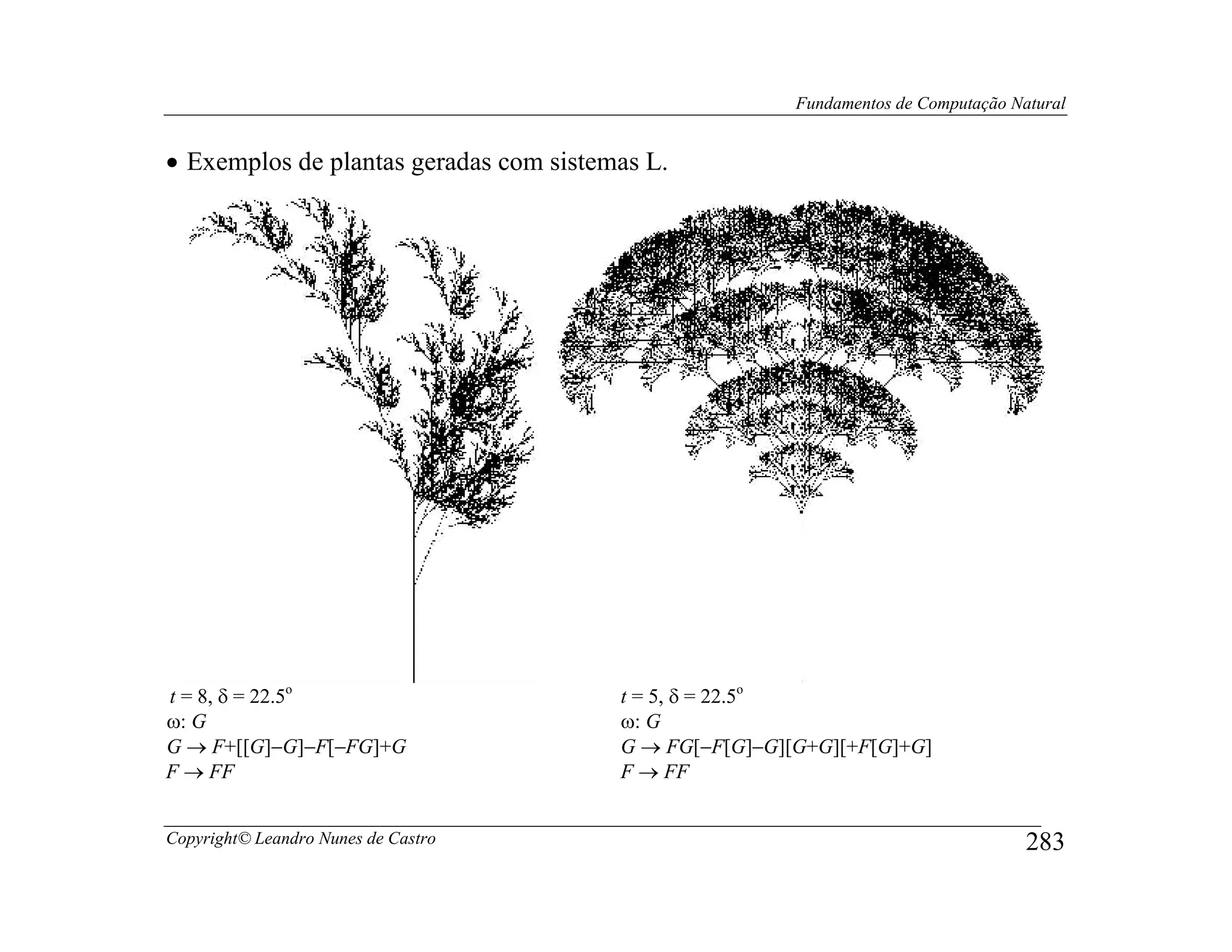 Fundamentos de Computação Natural


• Exemplos de plantas geradas com sistemas L.




t = 8, δ = 22.5o                        t = 5, δ = 22.5o
ω: G                                    ω: G
G → F+[[G]−G]−F[−FG]+G                  G → FG[−F[G]−G][G+G][+F[G]+G]
F → FF                                  F → FF


Copyright© Leandro Nunes de Castro                                                  283
 