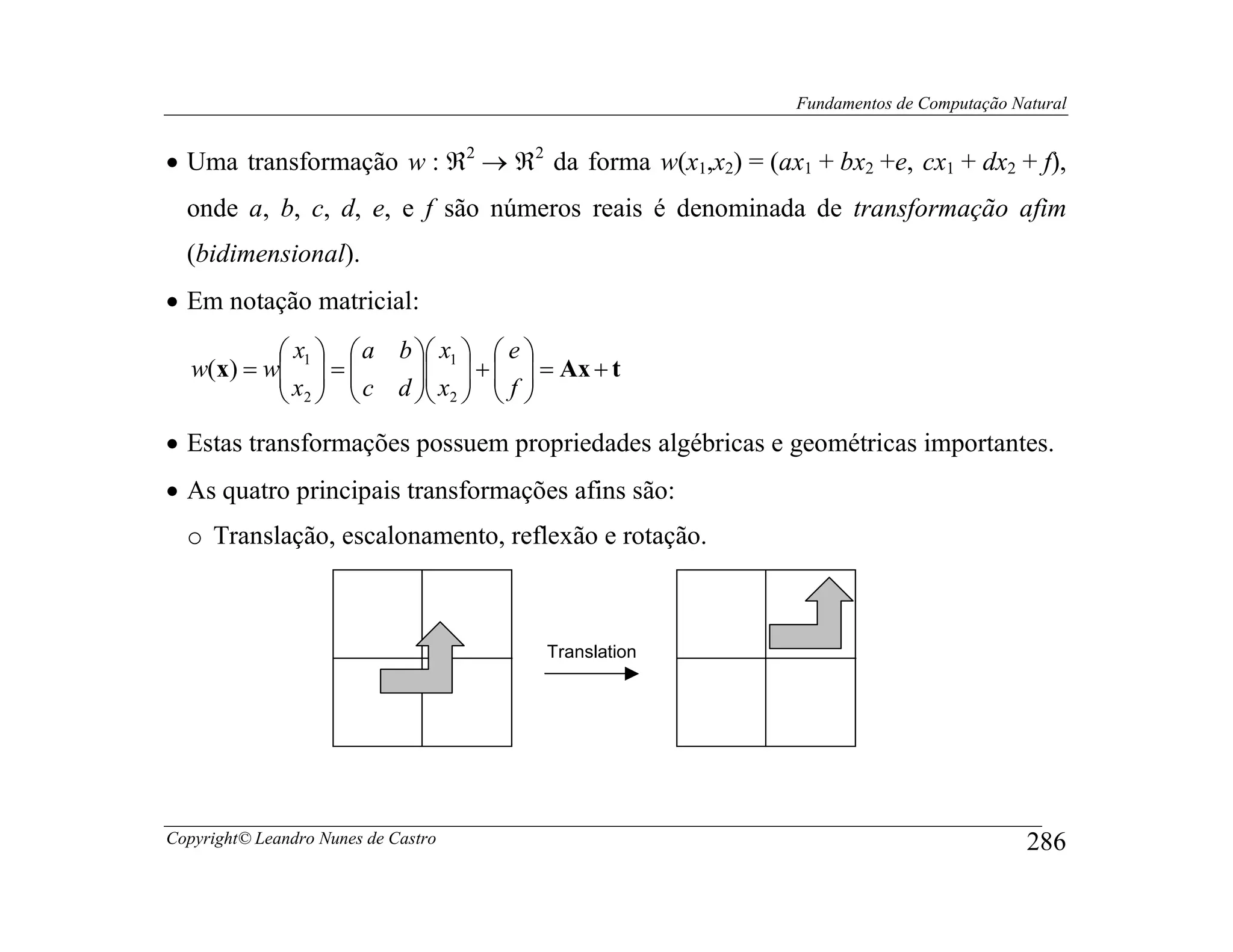 Fundamentos de Computação Natural


• Uma transformação w : ℜ2 → ℜ2 da forma w(x1,x2) = (ax1 + bx2 +e, cx1 + dx2 + f),
  onde a, b, c, d, e, e f são números reais é denominada de transformação afim
  (bidimensional).
• Em notação matricial:
            x   a b  x1   e 
            x   c d  x  +  f  = Ax + t
   w(x) = w 1  =       
            2        2   
• Estas transformações possuem propriedades algébricas e geométricas importantes.
• As quatro principais transformações afins são:
  o Translação, escalonamento, reflexão e rotação.



                                      Translation




Copyright© Leandro Nunes de Castro                                                   286
 