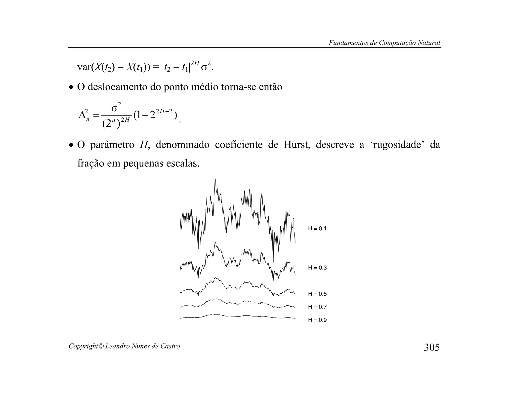 Fundamentos de Computação Natural


  var(X(t2) − X(t1)) = |t2 − t1|2H σ2.
• O deslocamento do ponto médio torna-se então
        σ2
   ∆ = n 2 H (1 − 2 2 H −2 ) .
    2
    n
      (2 )
• O parâmetro H, denominado coeficiente de Hurst, descreve a ‘rugosidade’ da
  fração em pequenas escalas.




                                                 H = 0.1




                                                 H = 0.3



                                                 H = 0.5

                                                 H = 0.7

                                                 H = 0.9



Copyright© Leandro Nunes de Castro                                                     305
 