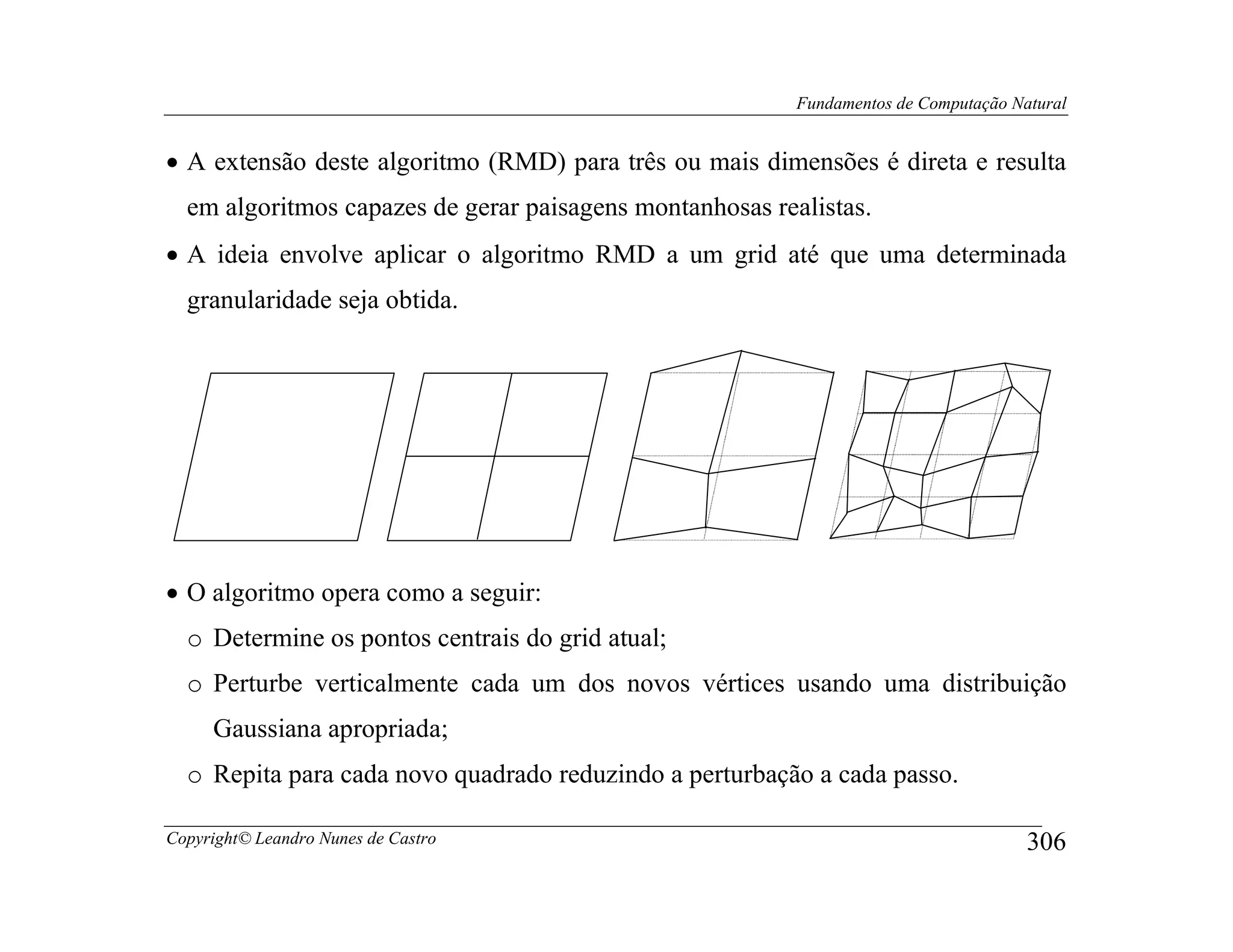 Fundamentos de Computação Natural


• A extensão deste algoritmo (RMD) para três ou mais dimensões é direta e resulta
  em algoritmos capazes de gerar paisagens montanhosas realistas.
• A ideia envolve aplicar o algoritmo RMD a um grid até que uma determinada
  granularidade seja obtida.




• O algoritmo opera como a seguir:
  o Determine os pontos centrais do grid atual;
  o Perturbe verticalmente cada um dos novos vértices usando uma distribuição
     Gaussiana apropriada;
  o Repita para cada novo quadrado reduzindo a perturbação a cada passo.

Copyright© Leandro Nunes de Castro                                                    306
 