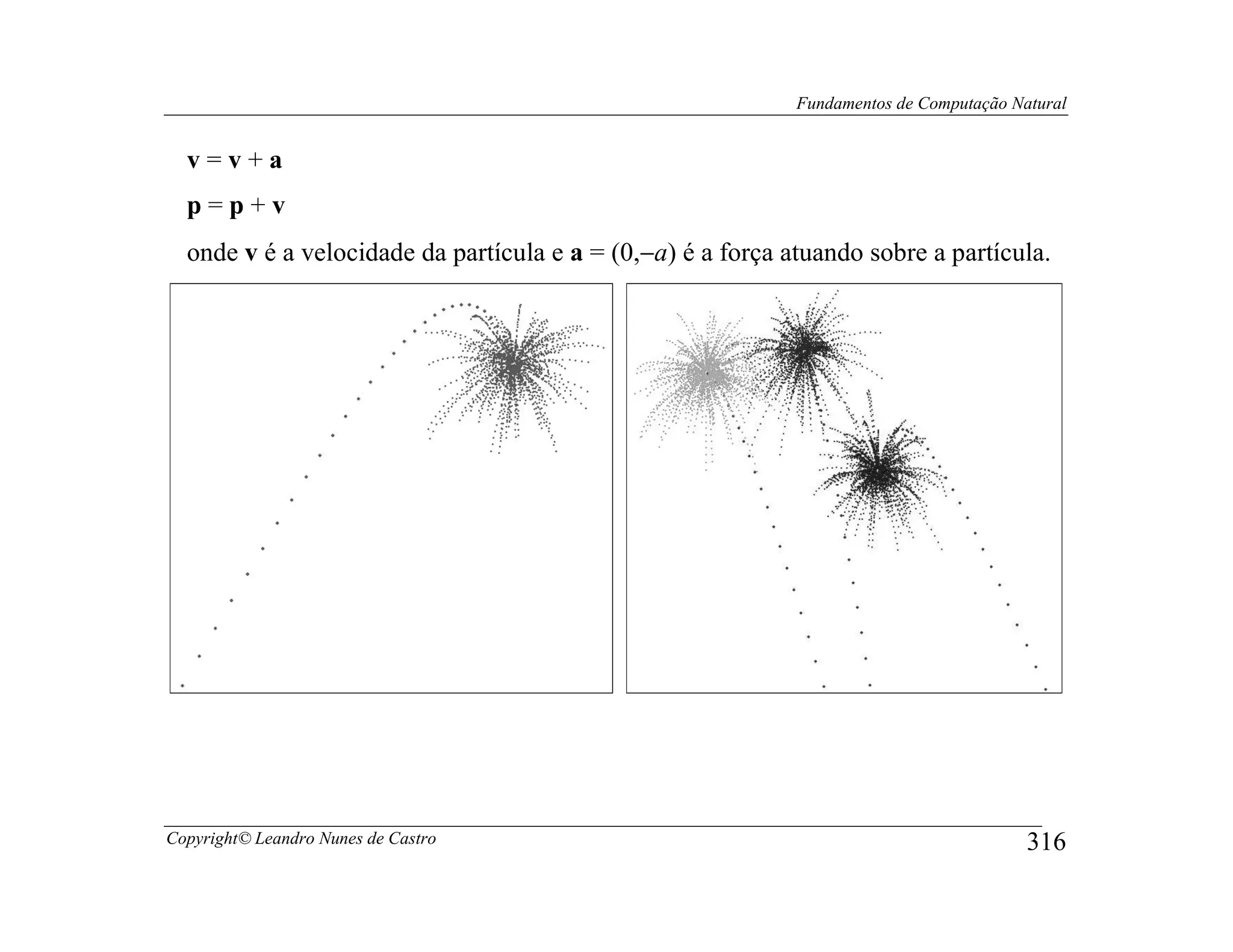 Fundamentos de Computação Natural


  v=v+a
  p=p+v
  onde v é a velocidade da partícula e a = (0,−a) é a força atuando sobre a partícula.




Copyright© Leandro Nunes de Castro                                                       316
 