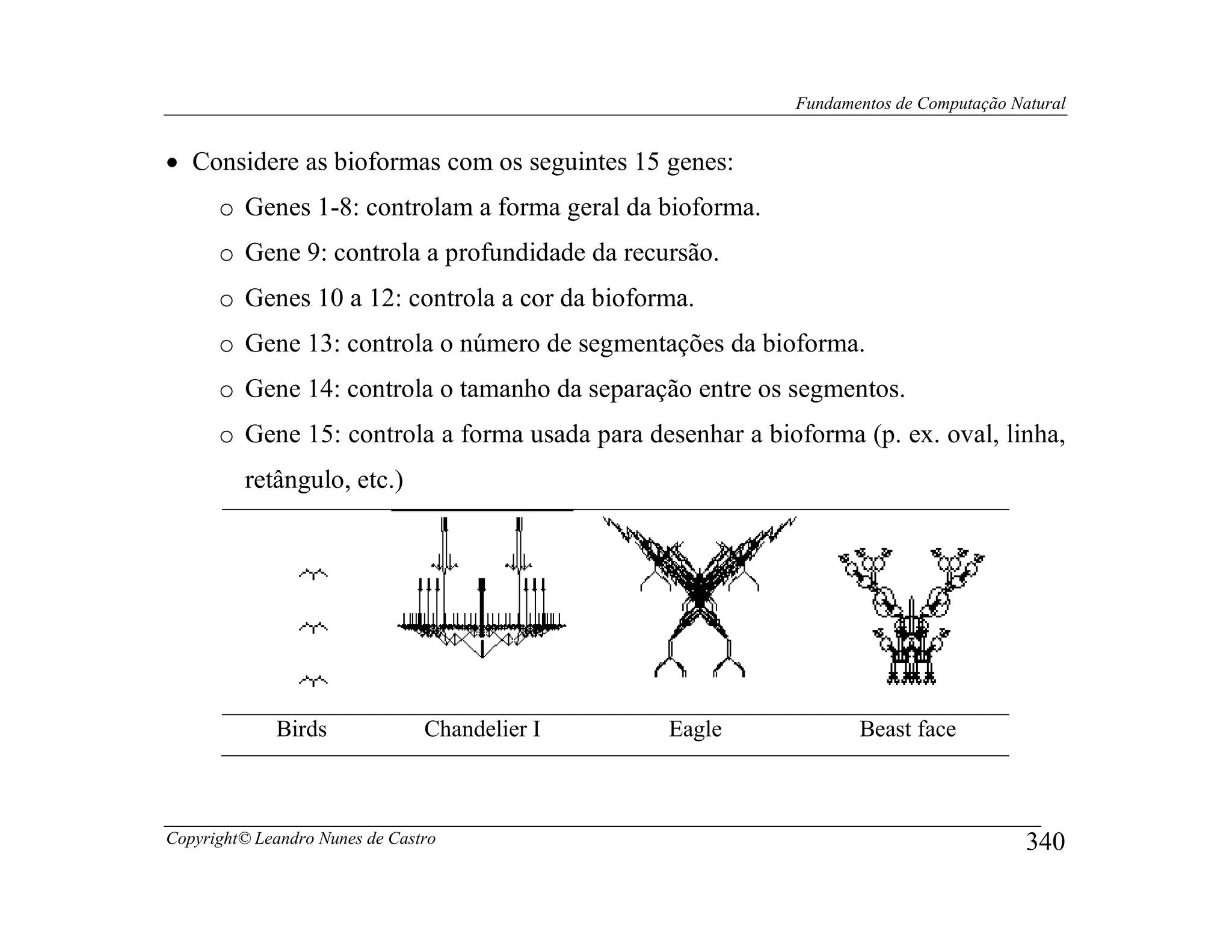 Fundamentos de Computação Natural


• Considere as bioformas com os seguintes 15 genes:
      o Genes 1-8: controlam a forma geral da bioforma.
      o Gene 9: controla a profundidade da recursão.
      o Genes 10 a 12: controla a cor da bioforma.
      o Gene 13: controla o número de segmentações da bioforma.
      o Gene 14: controla o tamanho da separação entre os segmentos.
      o Gene 15: controla a forma usada para desenhar a bioforma (p. ex. oval, linha,
         retângulo, etc.)




             Birds              Chandelier I   Eagle              Beast face



Copyright© Leandro Nunes de Castro                                                     340
 