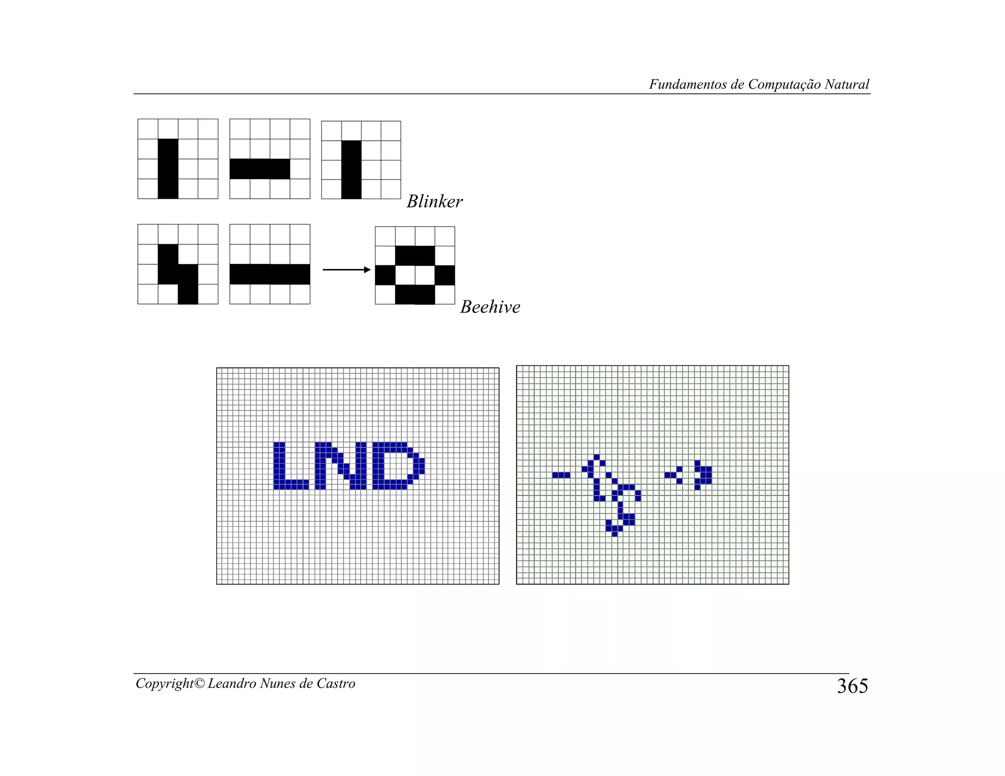 Fundamentos de Computação Natural




                                     Blinker




                                           Beehive




Copyright© Leandro Nunes de Castro                                               365
 