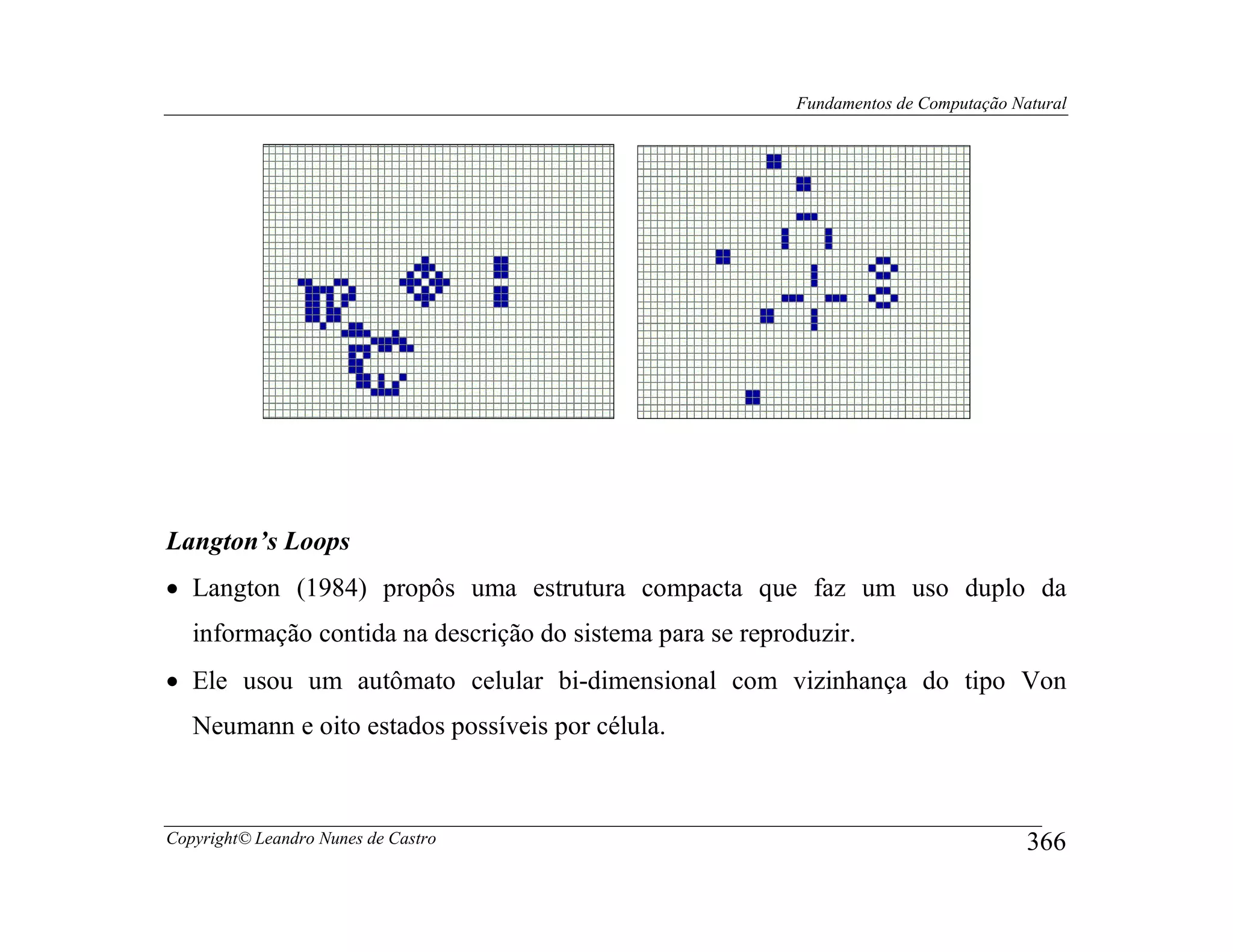 Fundamentos de Computação Natural




Langton’s Loops
• Langton (1984) propôs uma estrutura compacta que faz um uso duplo da
   informação contida na descrição do sistema para se reproduzir.
• Ele usou um autômato celular bi-dimensional com vizinhança do tipo Von
   Neumann e oito estados possíveis por célula.



Copyright© Leandro Nunes de Castro                                                     366
 