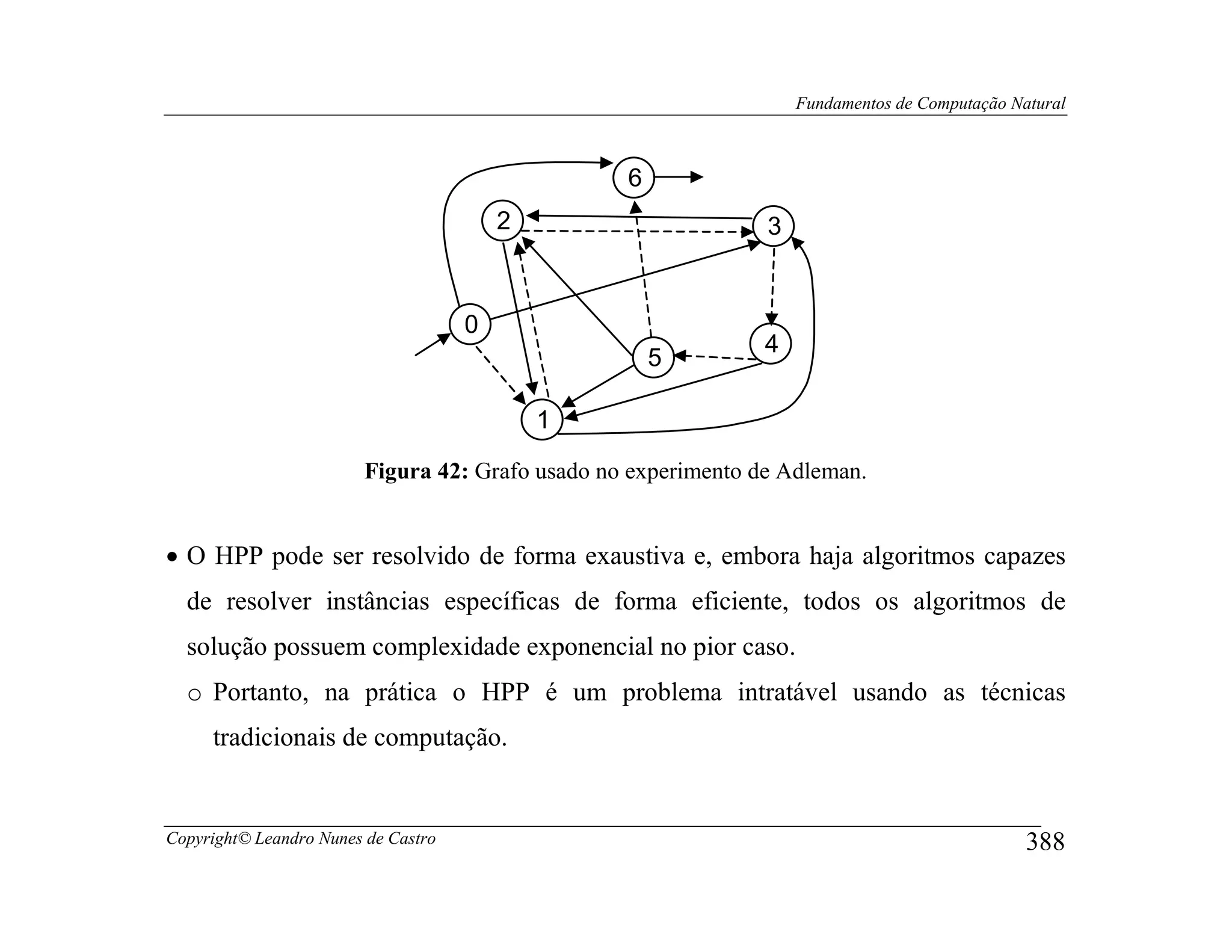 Fundamentos de Computação Natural



                                                 6
                                         2                     3


                                     0
                                                               4
                                                     5

                                             1
                        Figura 42: Grafo usado no experimento de Adleman.


• O HPP pode ser resolvido de forma exaustiva e, embora haja algoritmos capazes
  de resolver instâncias específicas de forma eficiente, todos os algoritmos de
  solução possuem complexidade exponencial no pior caso.
  o Portanto, na prática o HPP é um problema intratável usando as técnicas
     tradicionais de computação.


Copyright© Leandro Nunes de Castro                                                             388
 