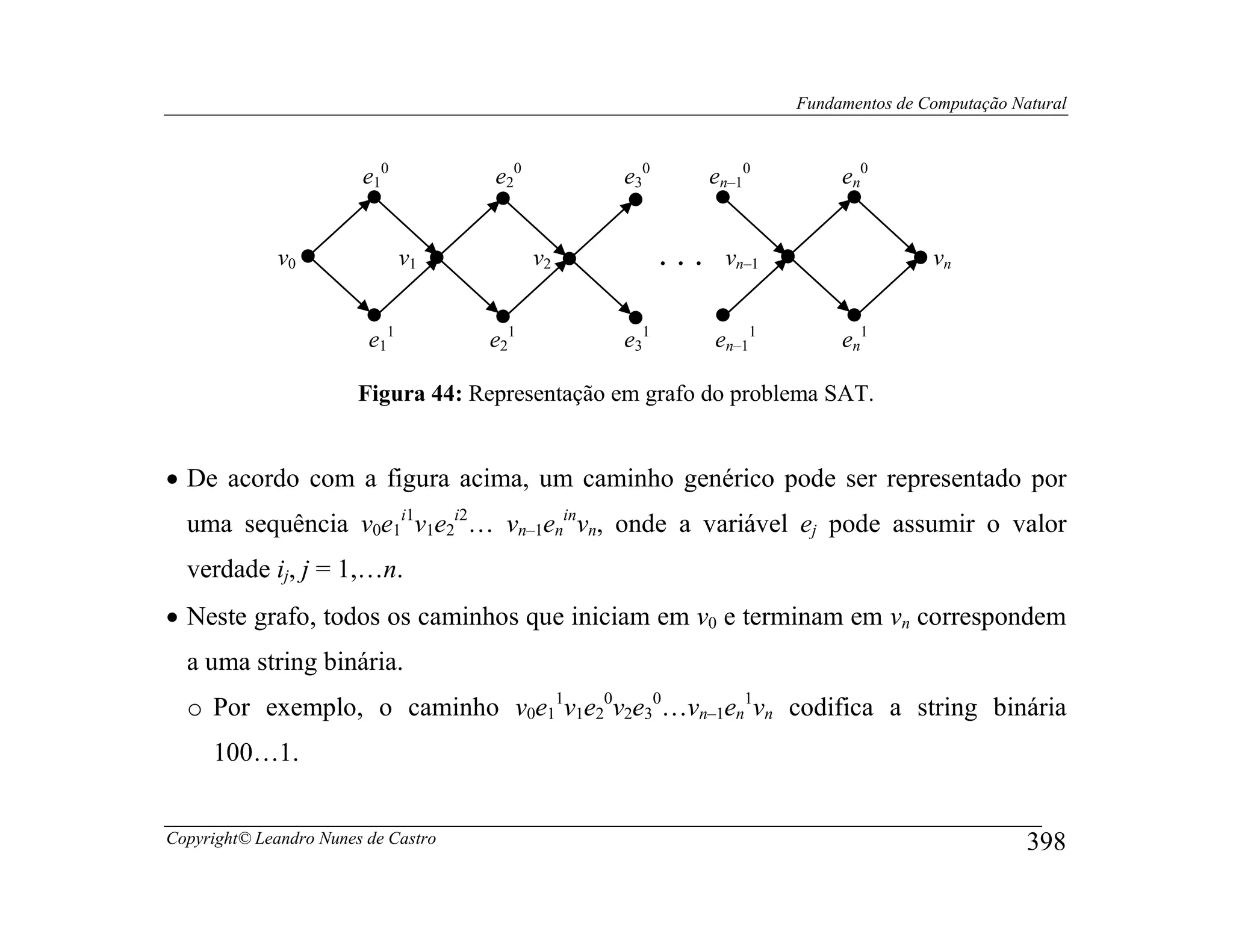 Fundamentos de Computação Natural



                        e10          e20         e30           en–10        en0


              v0               v1          v2          . . .    vn–1                   vn


                         e11         e21         e31           en–11        en1

                        Figura 44: Representação em grafo do problema SAT.


• De acordo com a figura acima, um caminho genérico pode ser representado por
  uma sequência v0e1i1v1e2i2… vn–1eninvn, onde a variável ej pode assumir o valor
  verdade ij, j = 1,…n.
• Neste grafo, todos os caminhos que iniciam em v0 e terminam em vn correspondem
  a uma string binária.
  o Por exemplo, o caminho v0e11v1e20v2e30…vn–1en1vn codifica a string binária
     100…1.


Copyright© Leandro Nunes de Castro                                                                 398
 