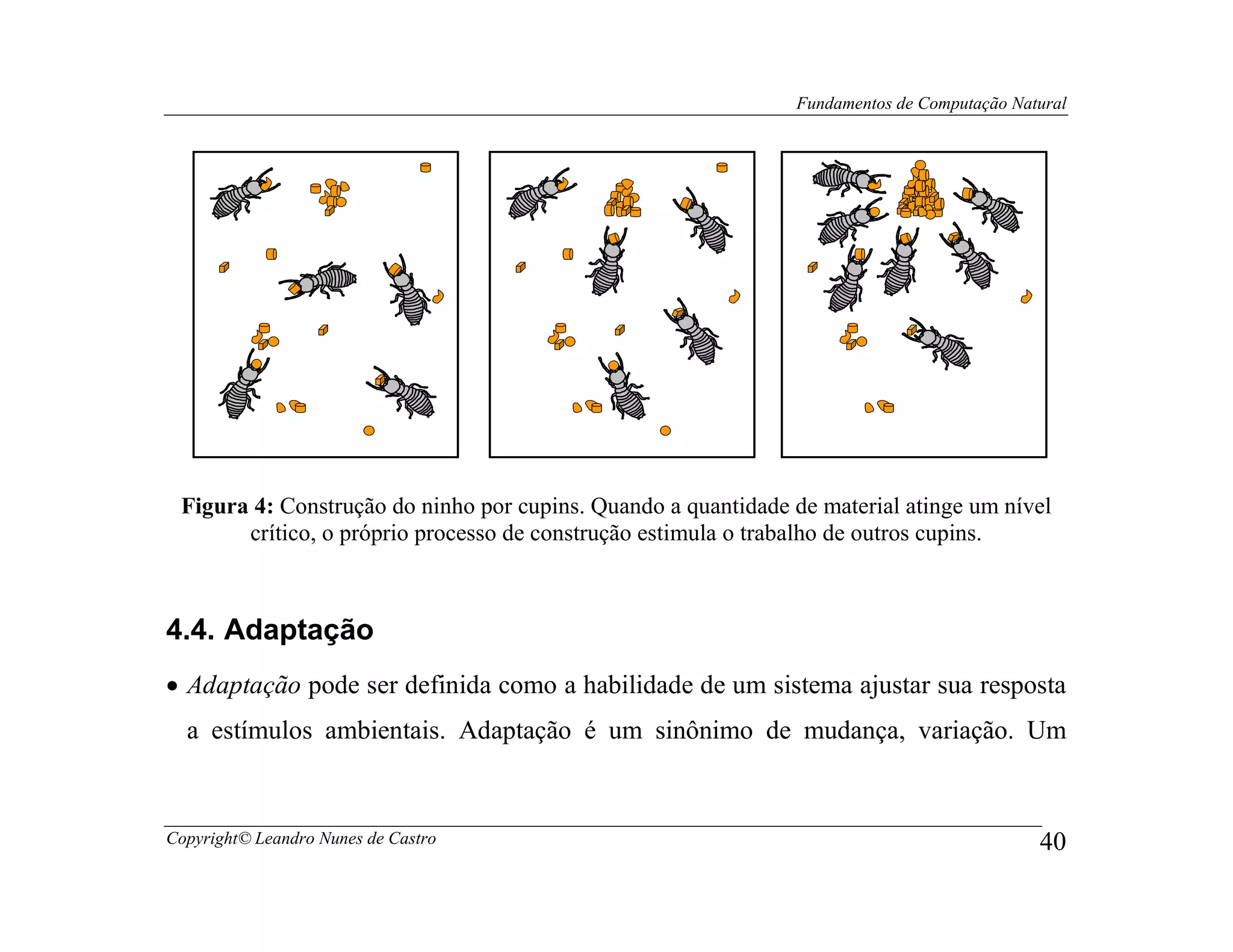 Fundamentos de Computação Natural




 Figura 4: Construção do ninho por cupins. Quando a quantidade de material atinge um nível
       crítico, o próprio processo de construção estimula o trabalho de outros cupins.



4.4. Adaptação
• Adaptação pode ser definida como a habilidade de um sistema ajustar sua resposta
  a estímulos ambientais. Adaptação é um sinônimo de mudança, variação. Um


Copyright© Leandro Nunes de Castro                                                          40
 