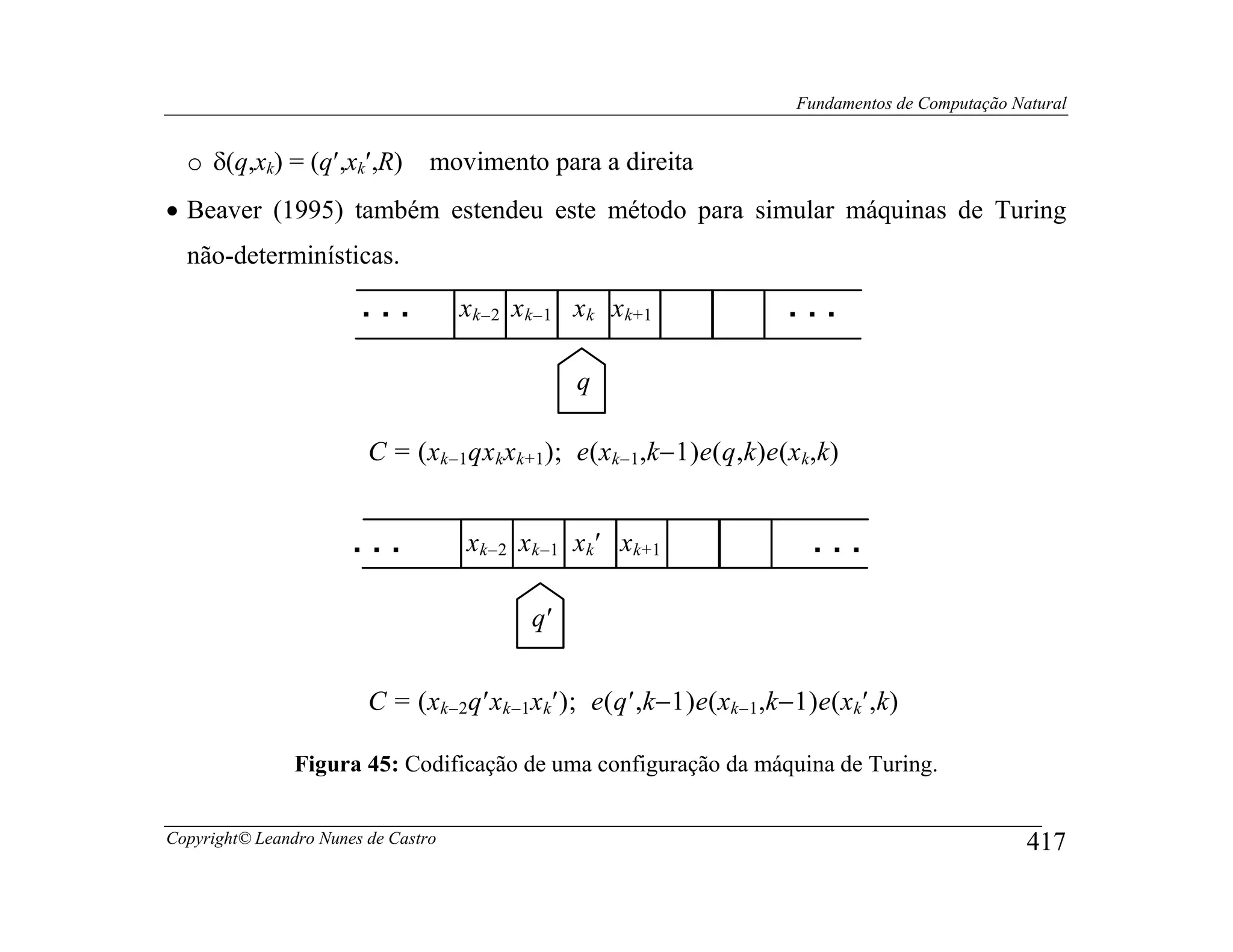 Fundamentos de Computação Natural


  o δ(q,xk) = (q′,xk′,R)         movimento para a direita
• Beaver (1995) também estendeu este método para simular máquinas de Turing
  não-determinísticas.

                        ...          xk−2 x k−1 xk xk+1          ...

                                                q

                         C = (xk−1qx kxk+1); e(xk−1,k−1)e(q,k)e(x k,k)


                       ...           xk−2 x k−1 xk′ xk+1           ...

                                           q′


                         C = (xk−2q′xk−1xk′); e(q′,k−1)e(xk−1,k−1)e(xk′,k)

                Figura 45: Codificação de uma configuração da máquina de Turing.


Copyright© Leandro Nunes de Castro                                                           417
 