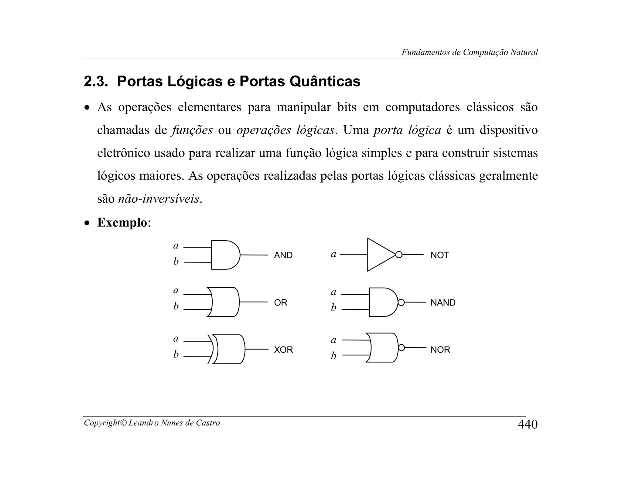 Fundamentos de Computação Natural


2.3. Portas Lógicas e Portas Quânticas
• As operações elementares para manipular bits em computadores clássicos são
   chamadas de funções ou operações lógicas. Uma porta lógica é um dispositivo
   eletrônico usado para realizar uma função lógica simples e para construir sistemas
   lógicos maiores. As operações realizadas pelas portas lógicas clássicas geralmente
   são não-inversíveis.
• Exemplo:
                      a
                                     AND      a                  NOT
                      b

                      a                       a
                      b              OR                          NAND
                                              b

                      a                       a
                                     XOR                         NOR
                      b                       b




Copyright© Leandro Nunes de Castro                                                     440
 