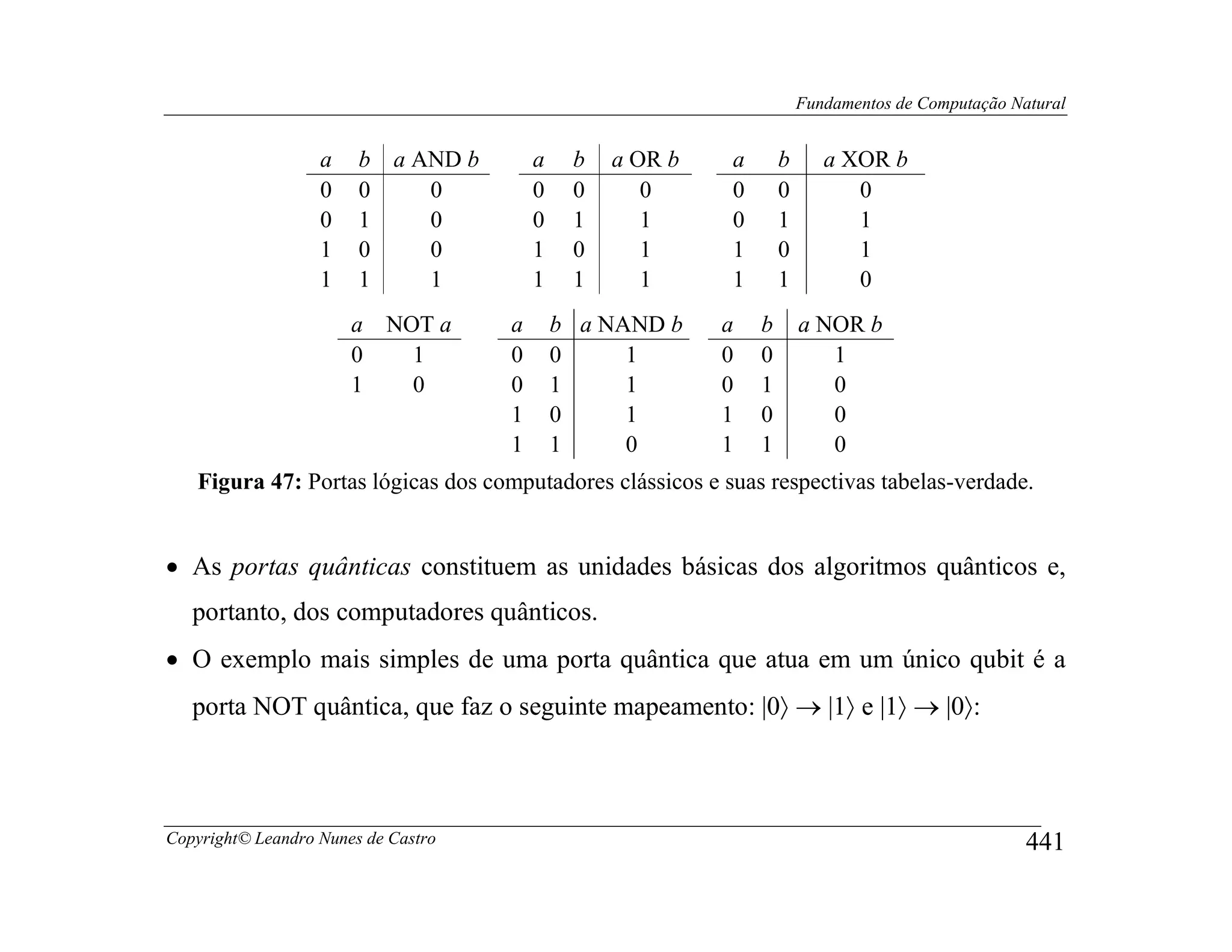 Fundamentos de Computação Natural


                   a    b a AND b        a    b   a OR b   a       b      a XOR b
                   0    0    0           0    0      0     0       0         0
                   0    1    0           0    1      1     0       1         1
                   1    0    0           1    0      1     1       0         1
                   1    1    1           1    1      1     1       1         0
                       a   NOT a     a       b a NAND b    a   b       a NOR b
                       0     1       0       0     1       0   0          1
                       1     0       0       1     1       0   1          0
                                     1       0     1       1   0          0
                                     1       1     0       1   1          0
   Figura 47: Portas lógicas dos computadores clássicos e suas respectivas tabelas-verdade.


• As portas quânticas constituem as unidades básicas dos algoritmos quânticos e,
   portanto, dos computadores quânticos.
• O exemplo mais simples de uma porta quântica que atua em um único qubit é a
   porta NOT quântica, que faz o seguinte mapeamento: |0〉 → |1〉 e |1〉 → |0〉:



Copyright© Leandro Nunes de Castro                                                                 441
 