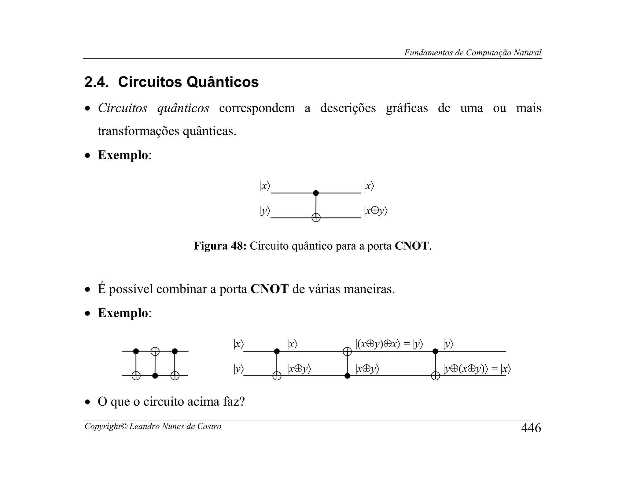 Fundamentos de Computação Natural


2.4. Circuitos Quânticos
• Circuitos quânticos correspondem a descrições gráficas de uma ou mais
   transformações quânticas.
• Exemplo:

                                           |x〉                      |x〉

                                           |y〉                      |x⊕y〉
                                                           ⊕

                           Figura 48: Circuito quântico para a porta CNOT.


• É possível combinar a porta CNOT de várias maneiras.
• Exemplo:

                                     |x〉             |x〉           |(x⊕y)⊕x〉 = |y〉       |y〉
                ⊕                                              ⊕
                                     |y〉             |x⊕y〉         |x⊕y〉                 |y⊕(x⊕y)〉 = |x〉
           ⊕         ⊕                           ⊕                                   ⊕
• O que o circuito acima faz?
Copyright© Leandro Nunes de Castro                                                                         446
 