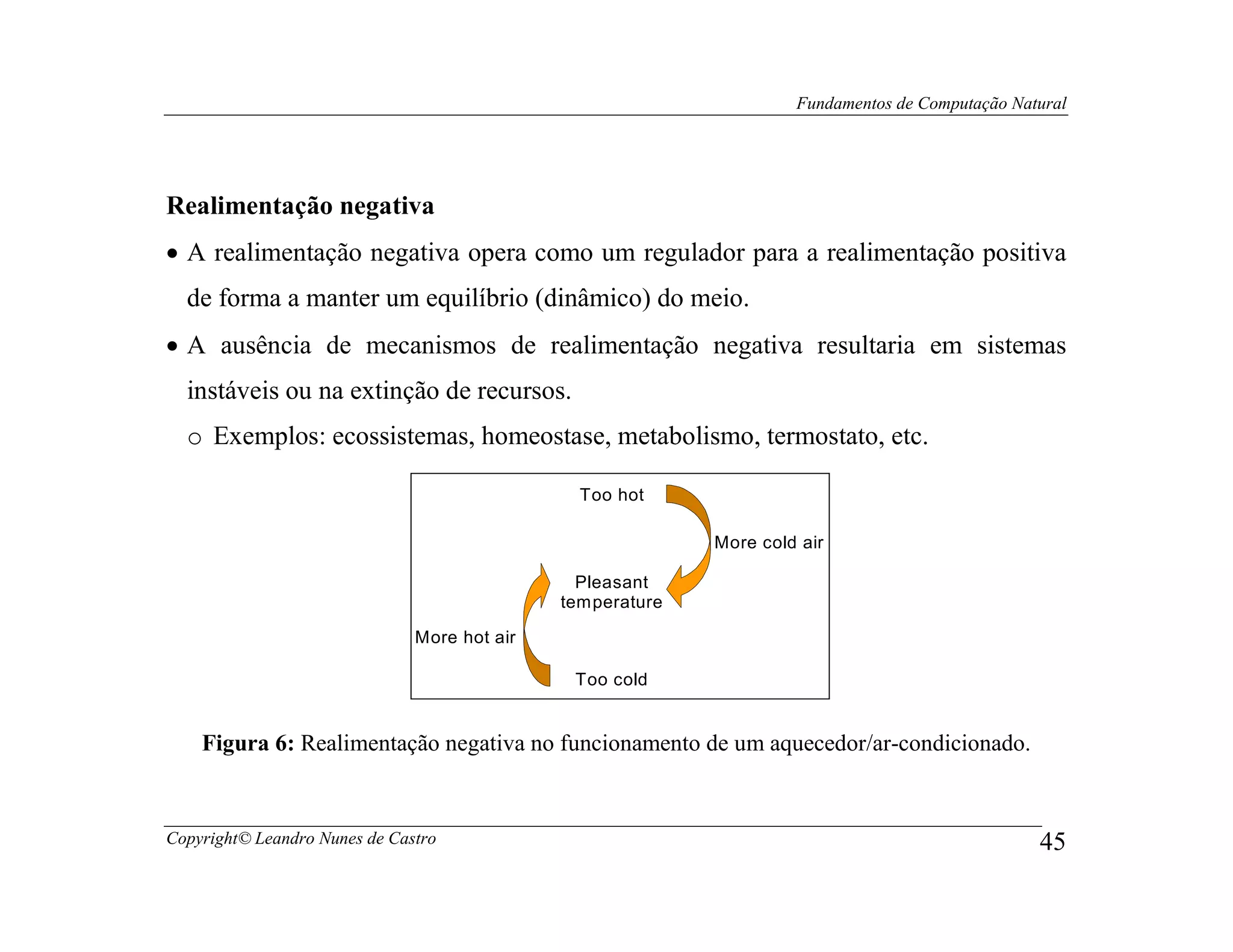 Fundamentos de Computação Natural




Realimentação negativa
• A realimentação negativa opera como um regulador para a realimentação positiva
  de forma a manter um equilíbrio (dinâmico) do meio.
• A ausência de mecanismos de realimentação negativa resultaria em sistemas
  instáveis ou na extinção de recursos.
  o Exemplos: ecossistemas, homeostase, metabolismo, termostato, etc.

                                                Too hot

                                                            More cold air

                                                Pleasant
                                              temperature

                               More hot air

                                               Too cold


    Figura 6: Realimentação negativa no funcionamento de um aquecedor/ar-condicionado.


Copyright© Leandro Nunes de Castro                                                                45
 